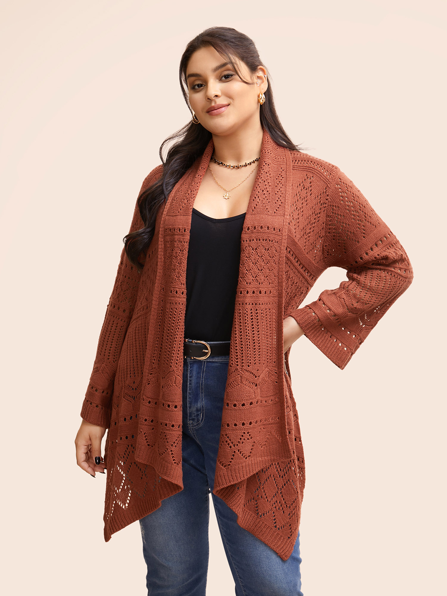 

Plus Size Texture Cut Out Bell Sleeve Cardigan Rust Women Resort Loose Long Sleeve Vacation Cardigans BloomChic