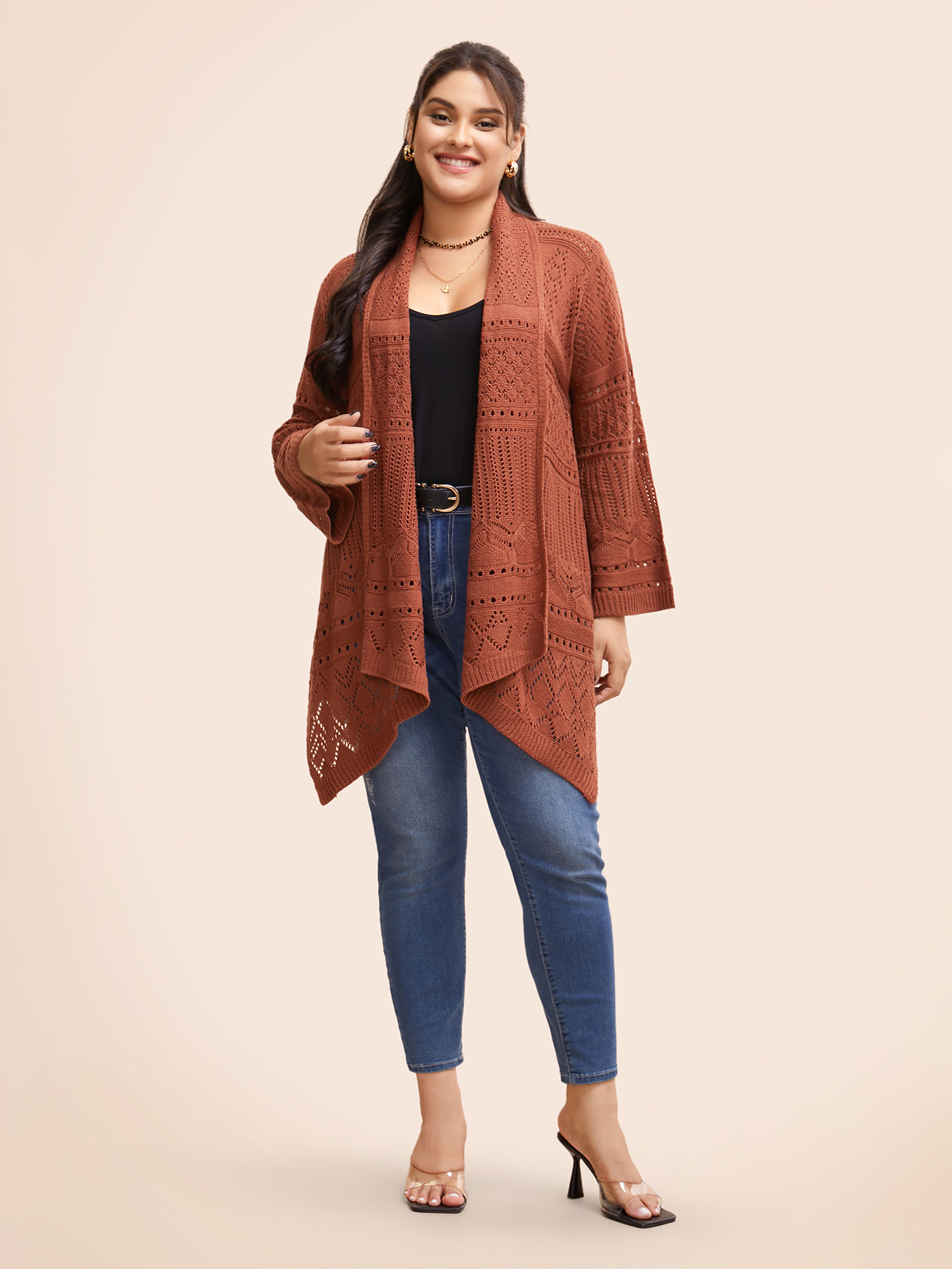 Plus Size Texture Cut Out Bell Sleeve Cardigan Rust Women Resort Loose Long Sleeve Vacation Cardigans BloomChic 26/4X 