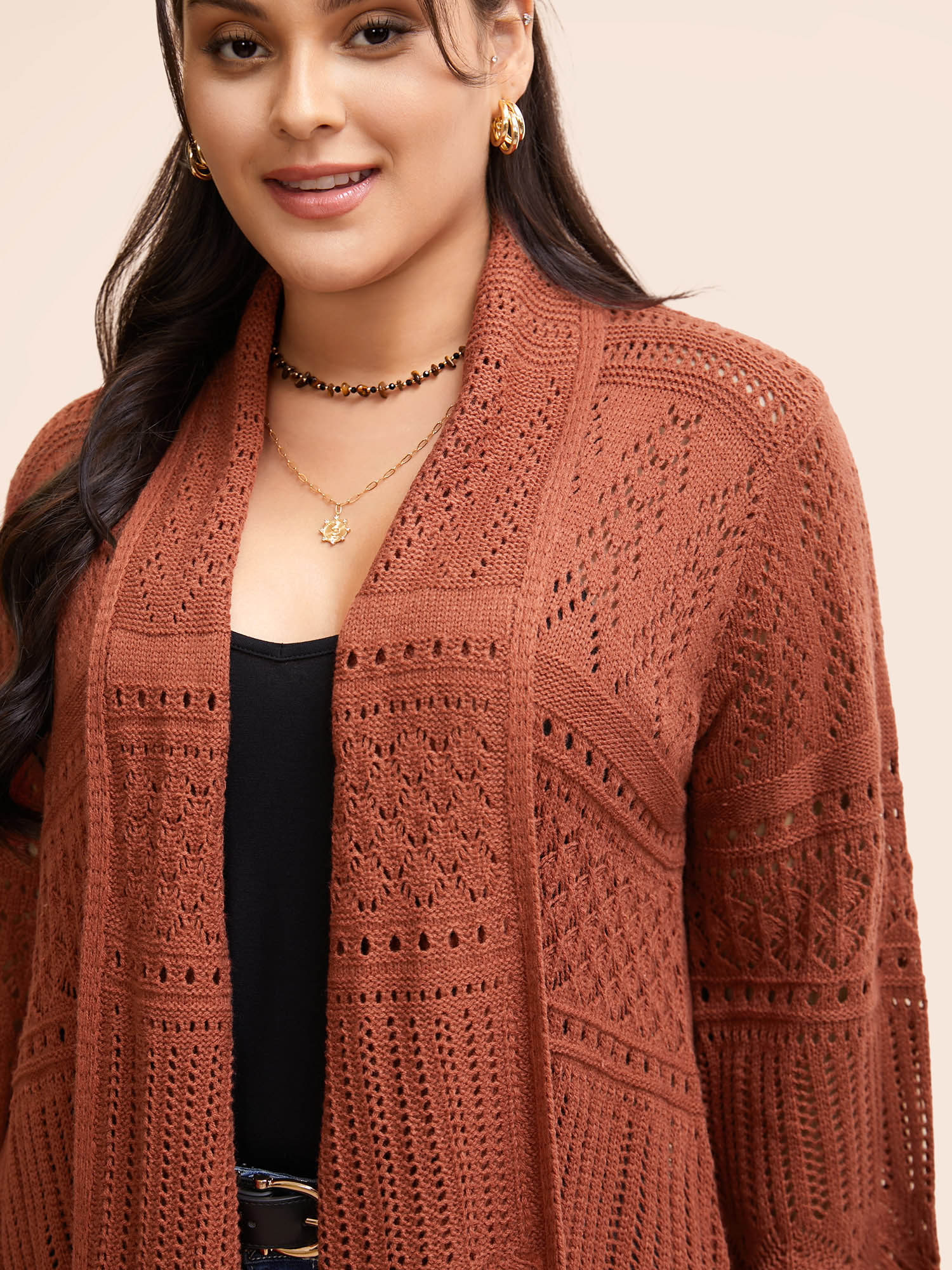 

Plus Size Texture Cut Out Bell Sleeve Cardigan Rust Women Resort Loose Long Sleeve Vacation Cardigans BloomChic