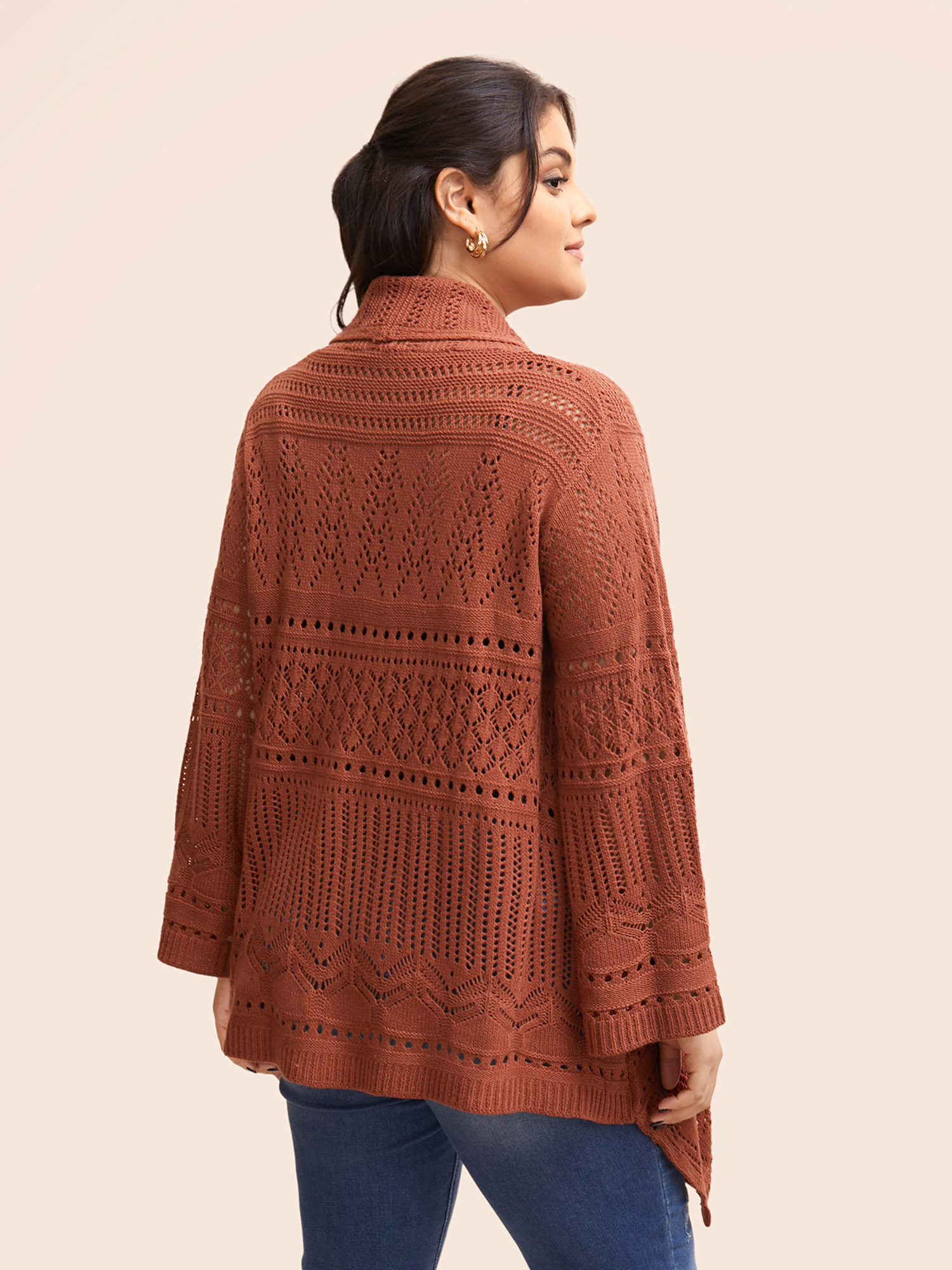 Plus Size Texture Cut Out Bell Sleeve Cardigan Rust Women Resort Loose Long Sleeve Vacation Cardigans BloomChic 26/4X 