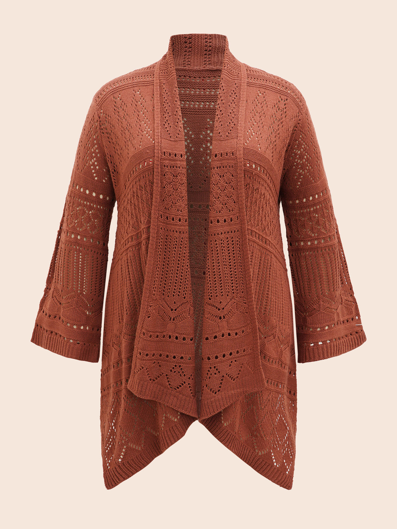 Plus Size Texture Cut Out Bell Sleeve Cardigan Rust Women Resort Loose Long Sleeve Vacation Cardigans BloomChic 26/4X 