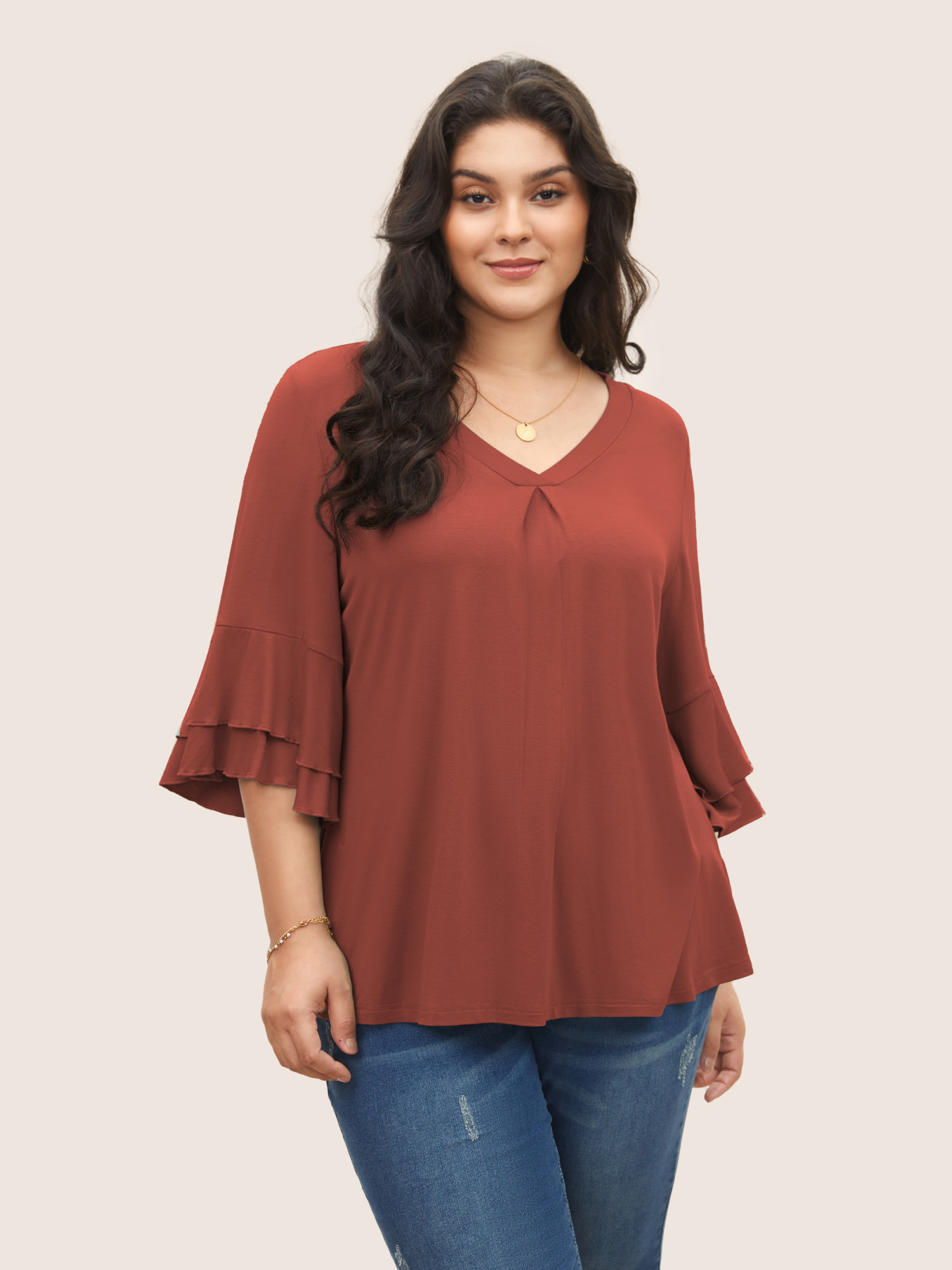 

Plus Size Supersoft Essentials Ruffle Layered Sleeve Pleated T-shirt Russet Women Elegant Non Plain Non Everyday T-shirts BloomChic