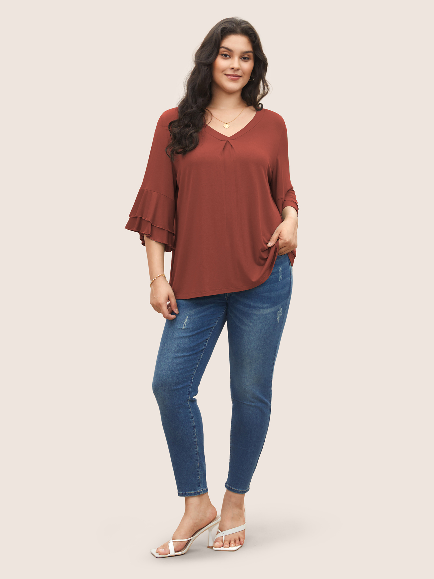 

Plus Size Supersoft Essentials Ruffle Layered Sleeve Pleated T-shirt Russet Non Short sleeve Elegant Jersey Tops