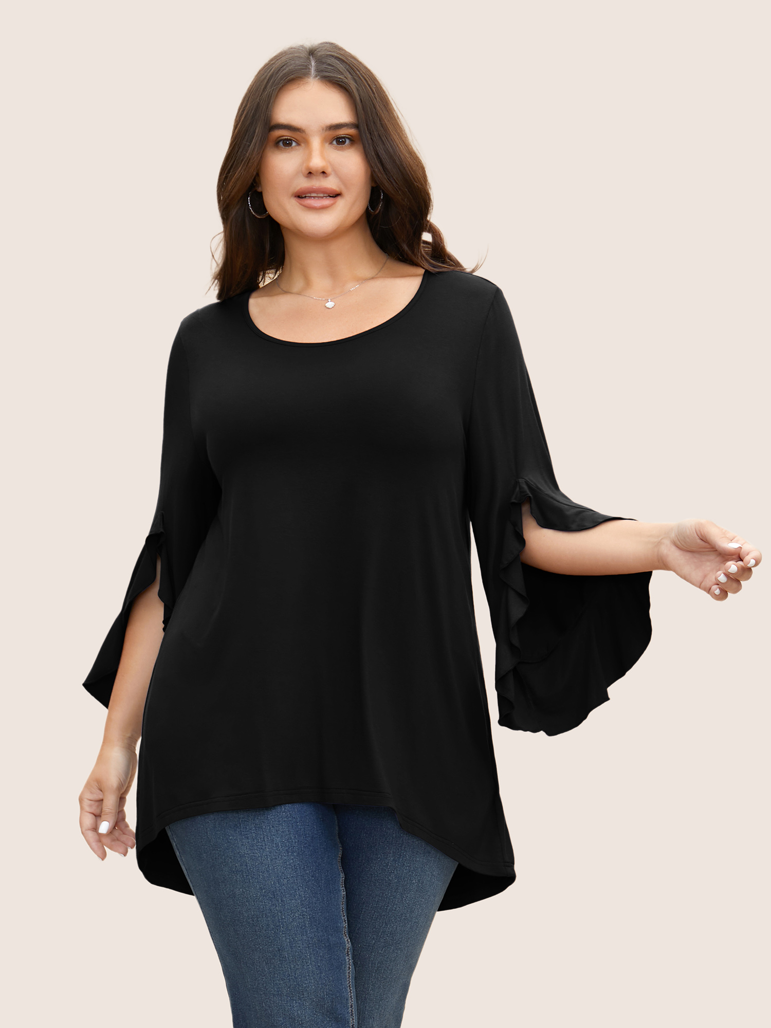 

Plus Size Solid Ruffle Sleeve High Low Hem T-shirt Black Women Elegant Asymmetrical Boat Neck Everyday T-shirts BloomChic