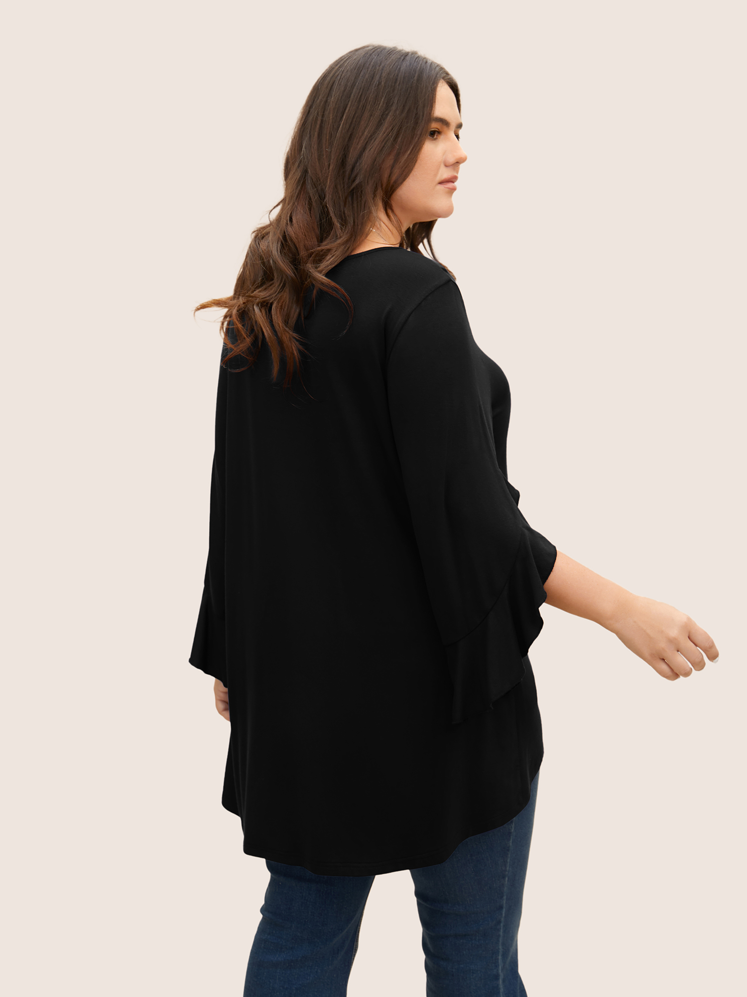 

Plus Size Solid Ruffle Sleeve High Low Hem T-shirt Black Women Elegant Asymmetrical Boat Neck Everyday T-shirts BloomChic