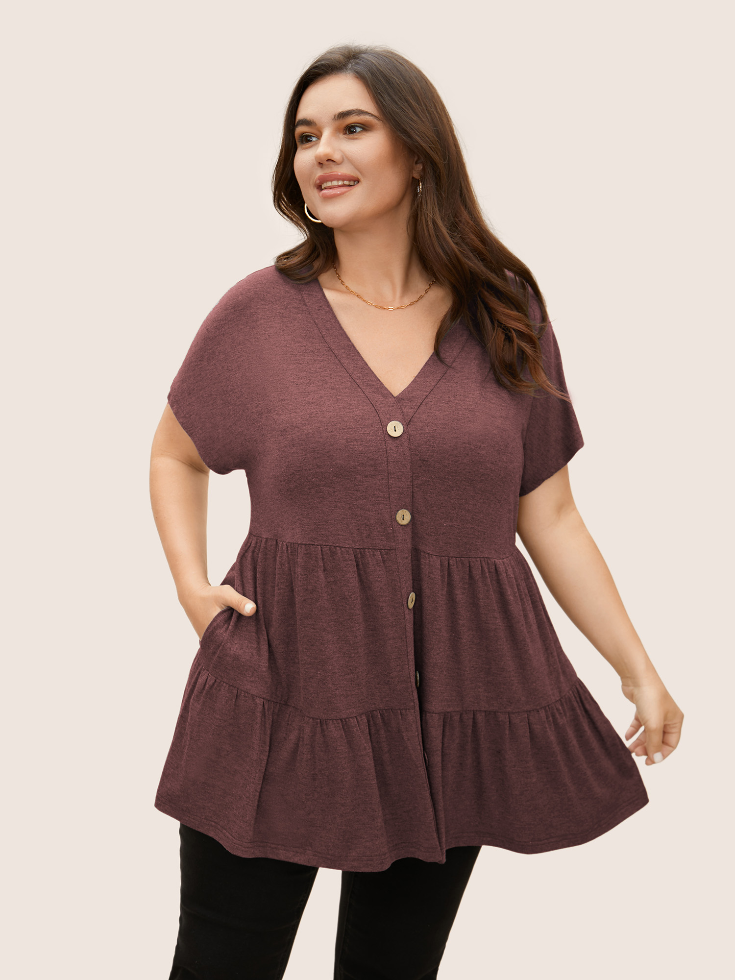 

Plus Size V Neck Button Detail Ruffle Layered Hem T-shirt Russet Women Casual Gathered V-neck Everyday T-shirts BloomChic