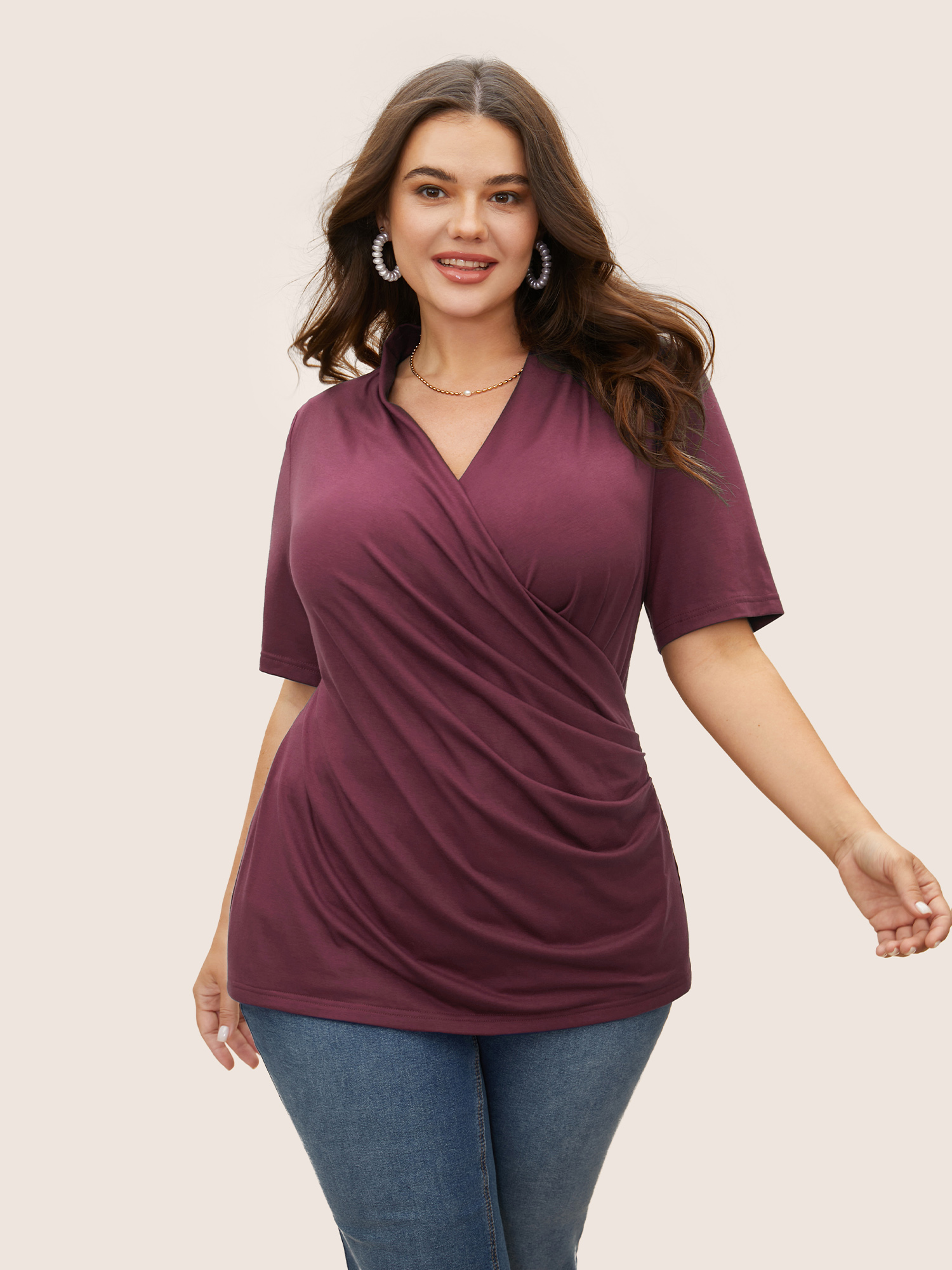 

Plus Size Solid Overlap Collar Gathered Knit T-shirt Plum Women Elegant Overlapping Overlap Collar Bodycon Everyday T-shirts BloomChic