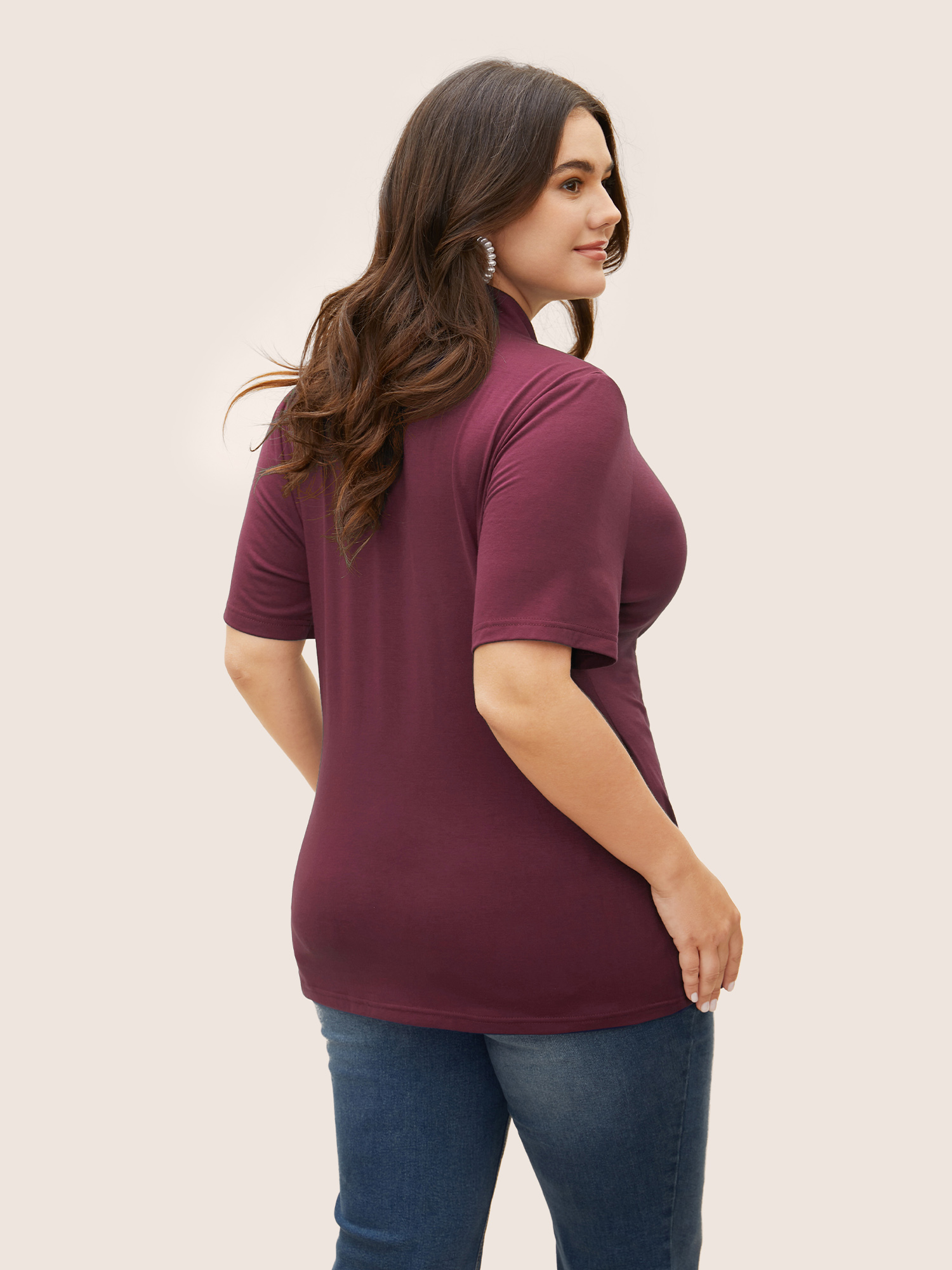 

Plus Size Solid Overlap Collar Gathered Knit T-shirt Plum Overlap Collar Short sleeve Elegant Jersey Tops