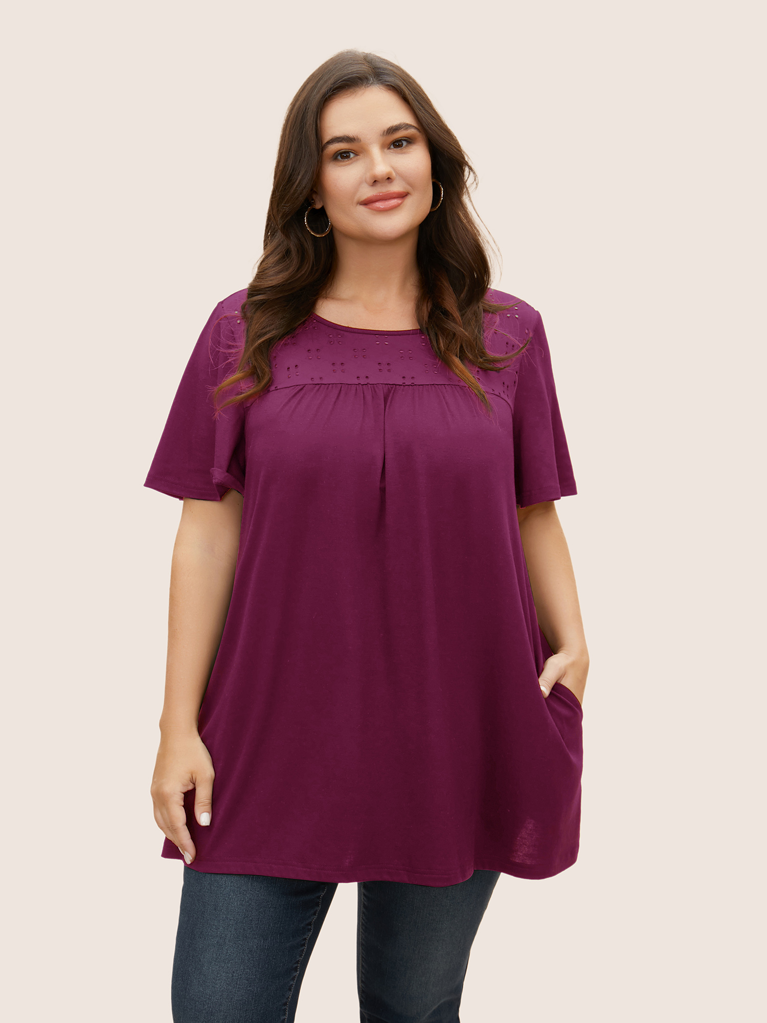 

Plus Size Broderie Anglaise Ruffle Sleeve Pocket T-shirt RedViolet Women Casual Texture Round Neck Everyday T-shirts BloomChic