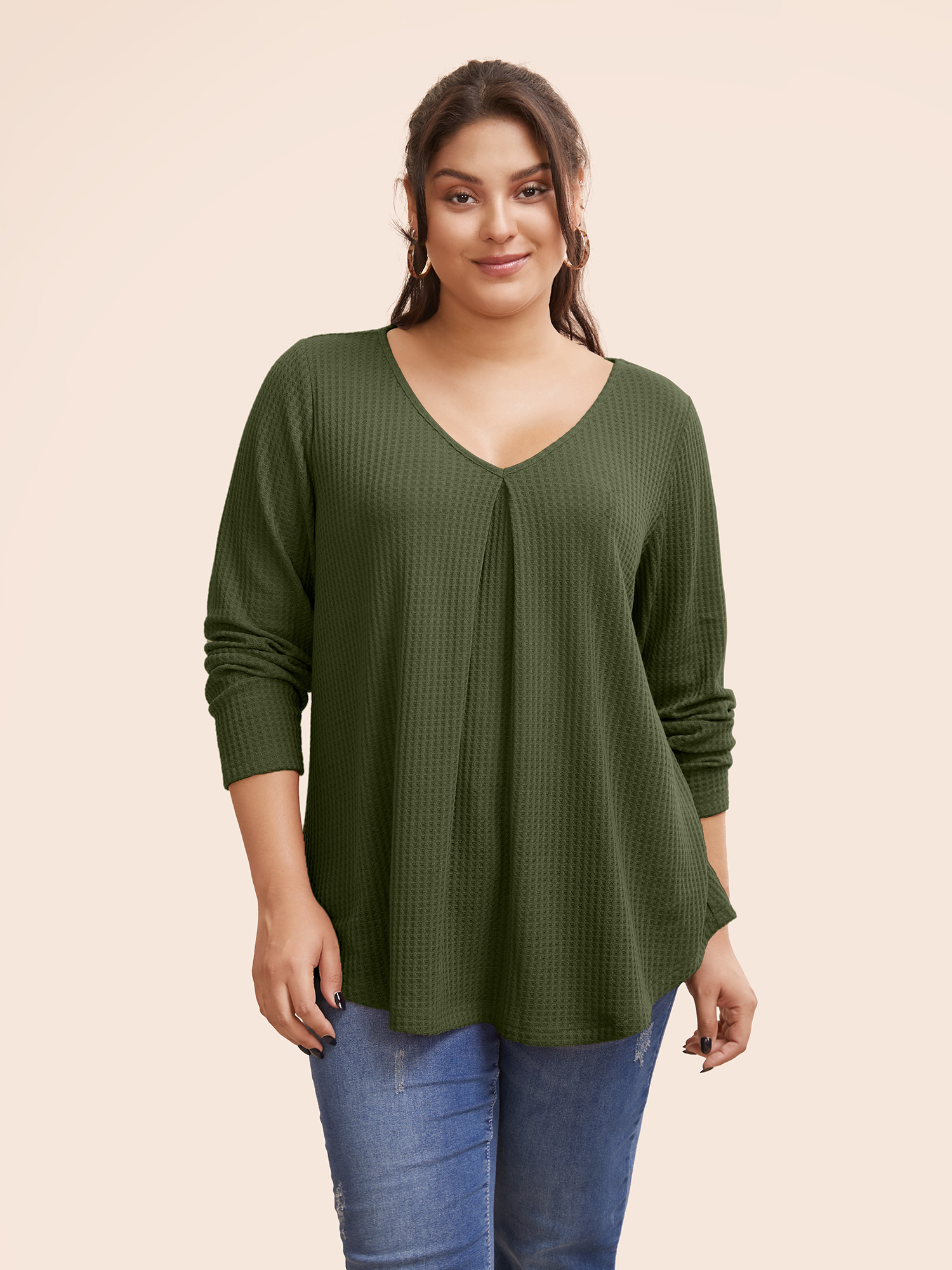 

Plus Size Plain Waffle Knit Scoop Neck Plicated Detail T-shirt Green Women Casual Non Plain Scoop Neck Everyday T-shirts BloomChic
