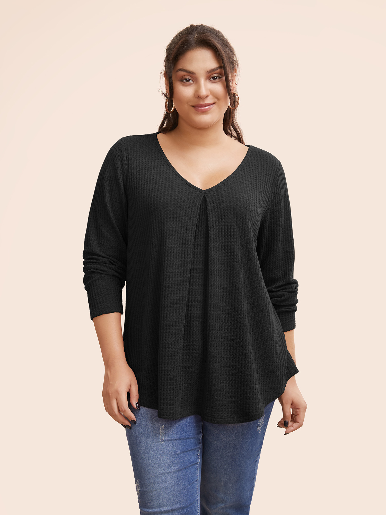 

Plus Size Plain Waffle Knit Scoop Neck Plicated Detail T-shirt Black Women Casual Non Plain Scoop Neck Everyday T-shirts BloomChic