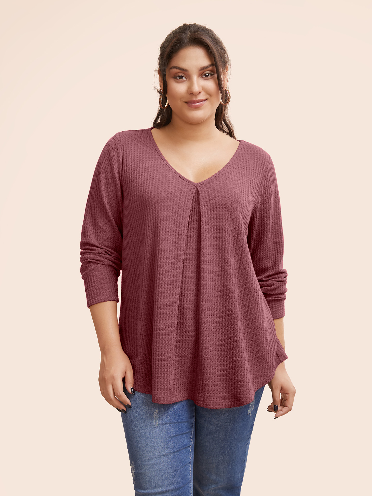 

Plus Size Plain Waffle Knit Scoop Neck Plicated Detail T-shirt Russet Women Casual Non Plain Scoop Neck Everyday T-shirts BloomChic