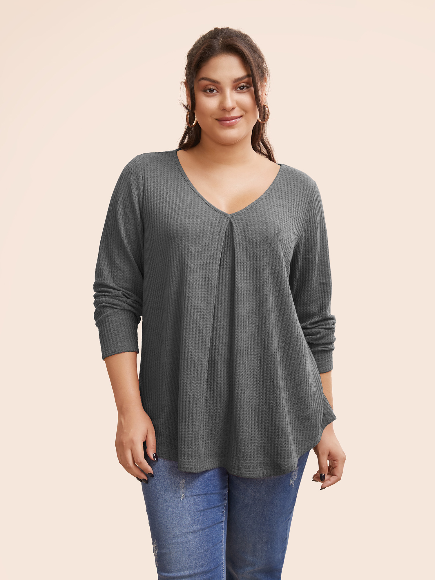 

Plus Size Plain Waffle Knit Scoop Neck Plicated Detail T-shirt Gray Women Casual Non Plain Scoop Neck Everyday T-shirts BloomChic