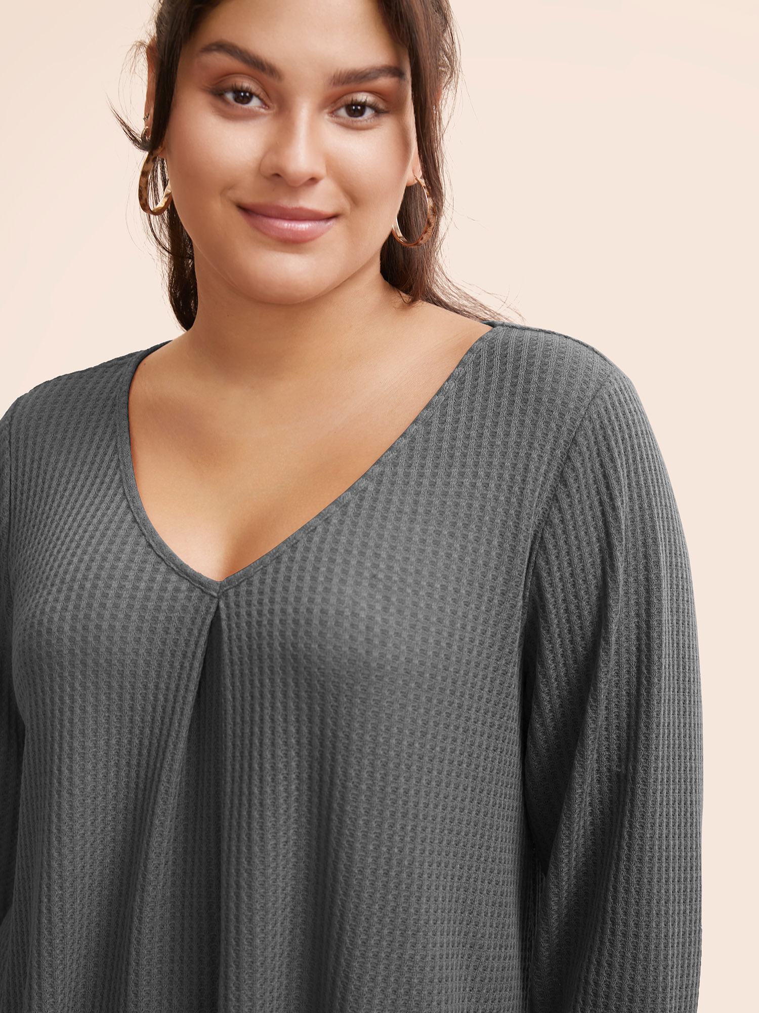 

Plus Size Plain Waffle Knit Scoop Neck Plicated Detail T-shirt Gray Women Casual Non Plain V-neck Everyday T-shirts BloomChic