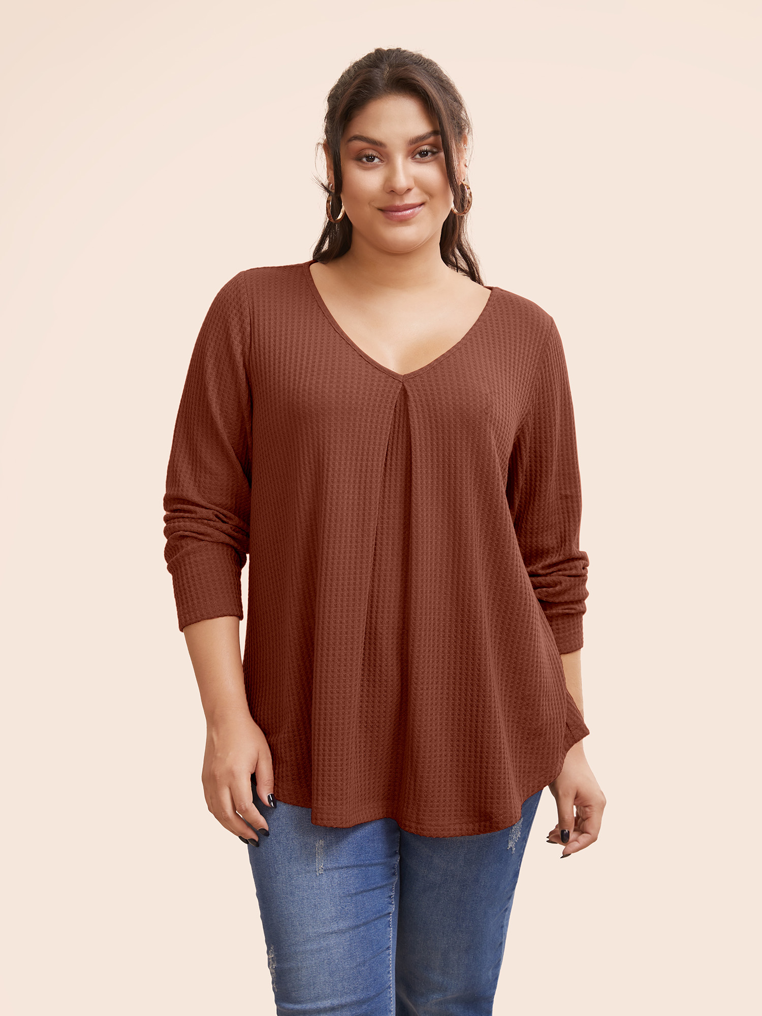

Plus Size Plain Waffle Knit Scoop Neck Plicated Detail T-shirt Rust Women Casual Non Plain Scoop Neck Everyday T-shirts BloomChic