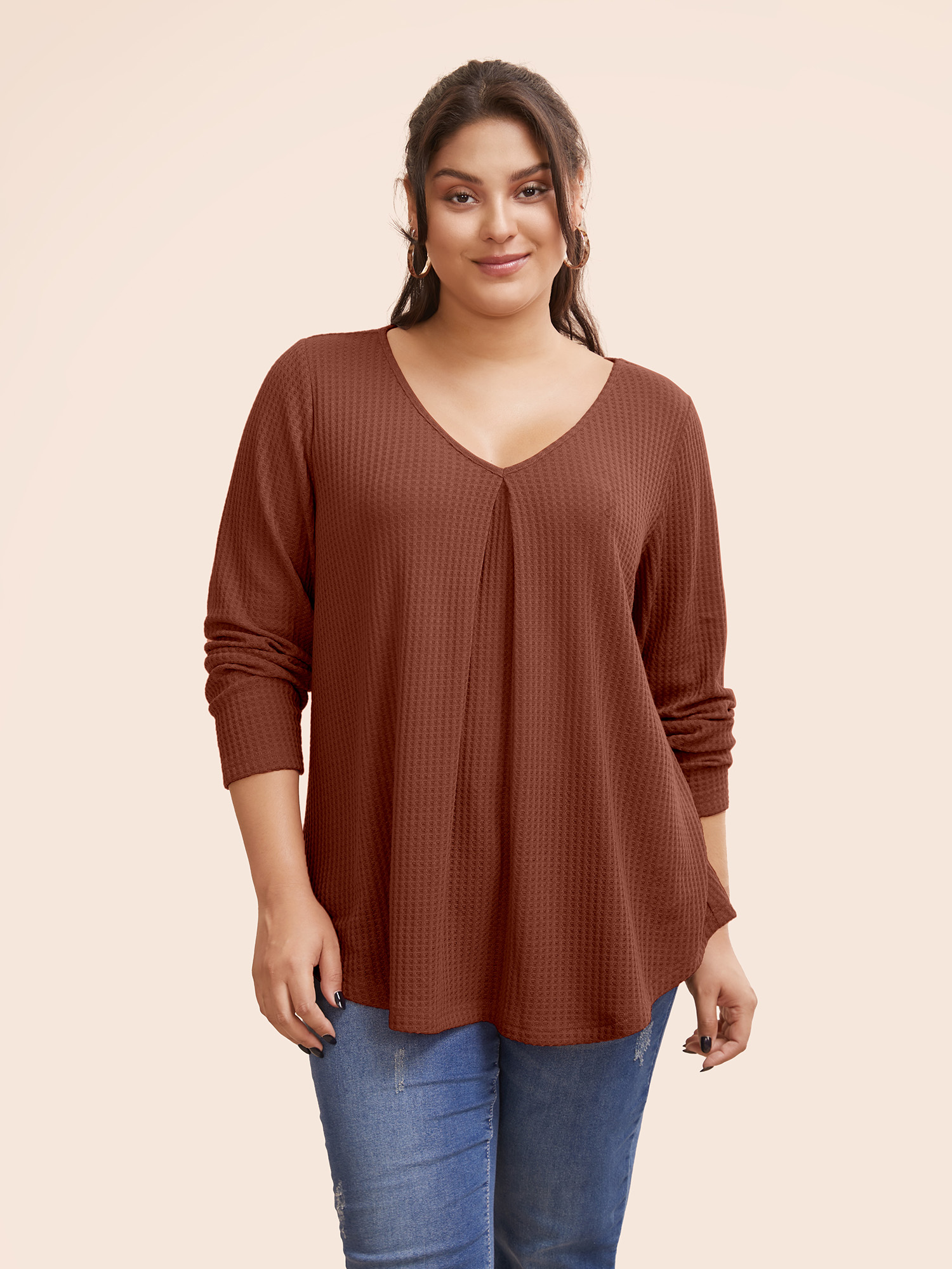 

Plus Size Plain Waffle Knit Scoop Neck Plicated Detail T-shirt Rust Women Casual Non Plain V-neck Everyday T-shirts BloomChic