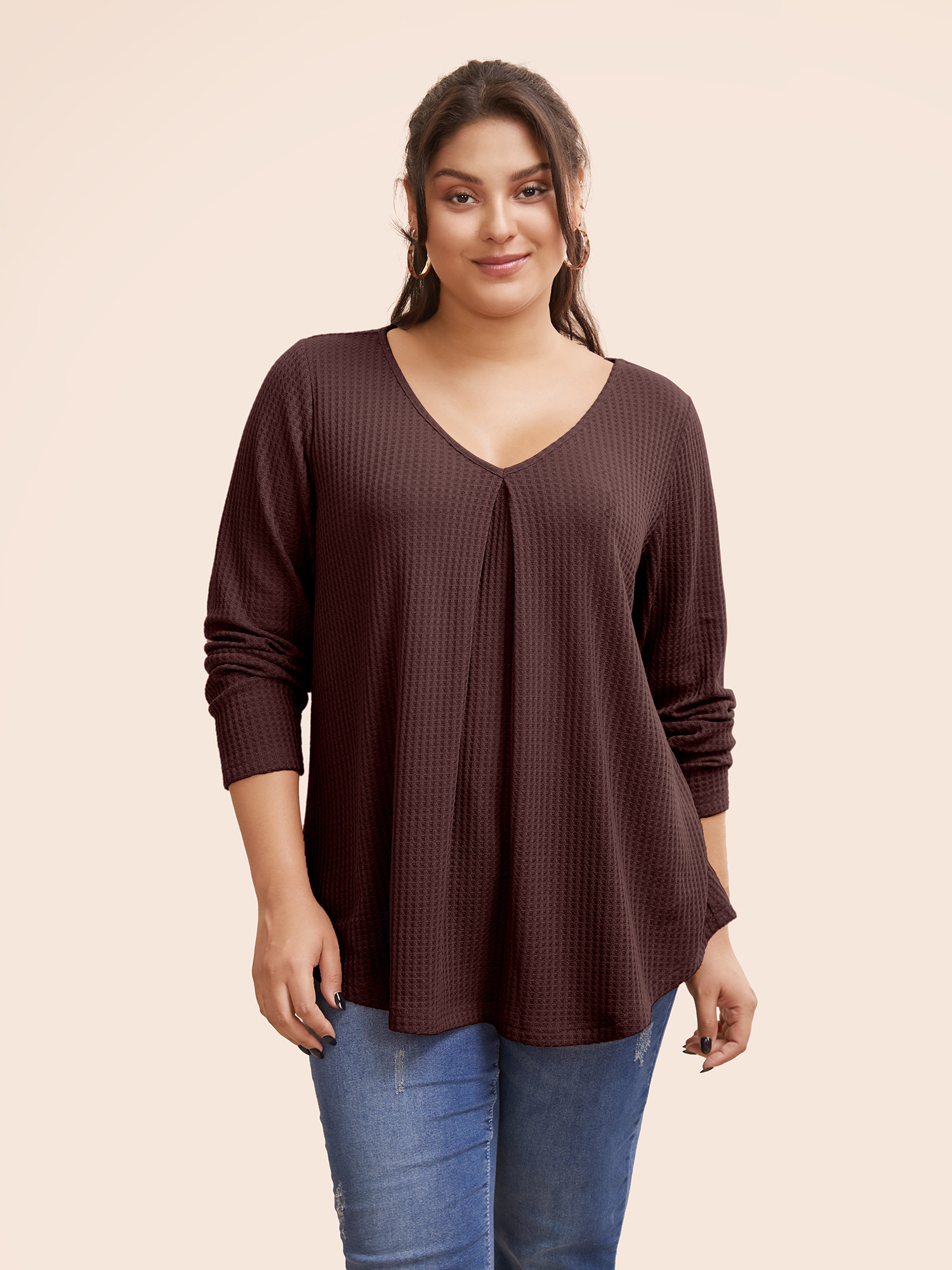 

Plus Size Plain Waffle Knit Scoop Neck Plicated Detail T-shirt Maroon Women Casual Non Plain Scoop Neck Everyday T-shirts BloomChic