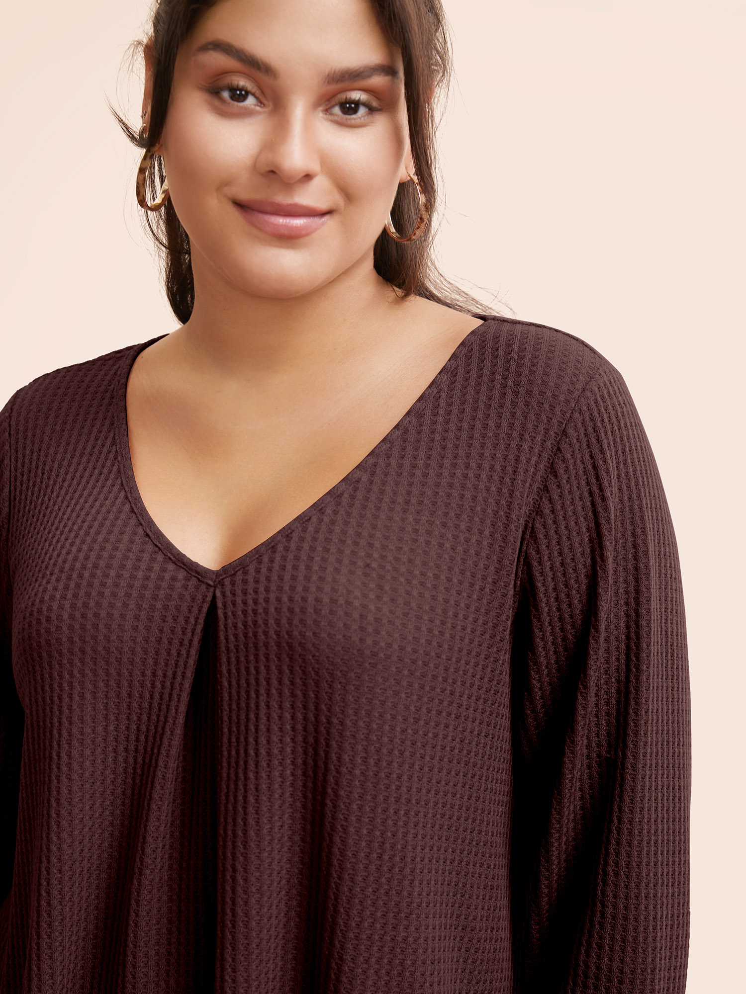 

Plus Size Plain Waffle Knit Scoop Neck Plicated Detail T-shirt Maroon Women Casual Non Plain V-neck Everyday T-shirts BloomChic