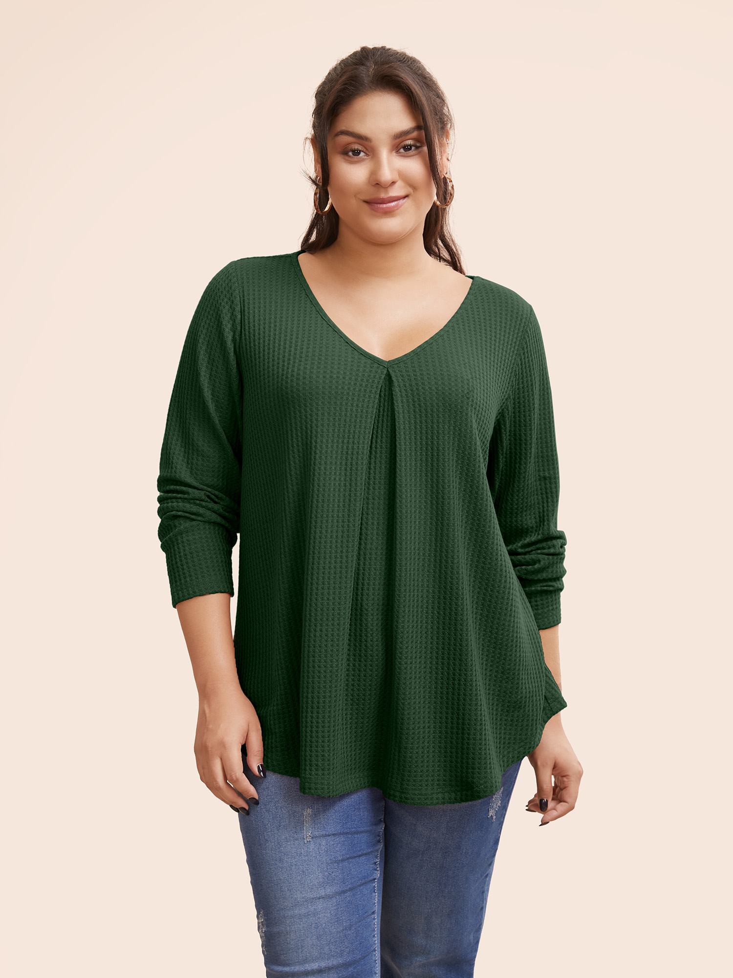 

Plus Size Plain Waffle Knit Scoop Neck Plicated Detail T-shirt DarkGreen Women Casual Non Plain Scoop Neck Everyday T-shirts BloomChic