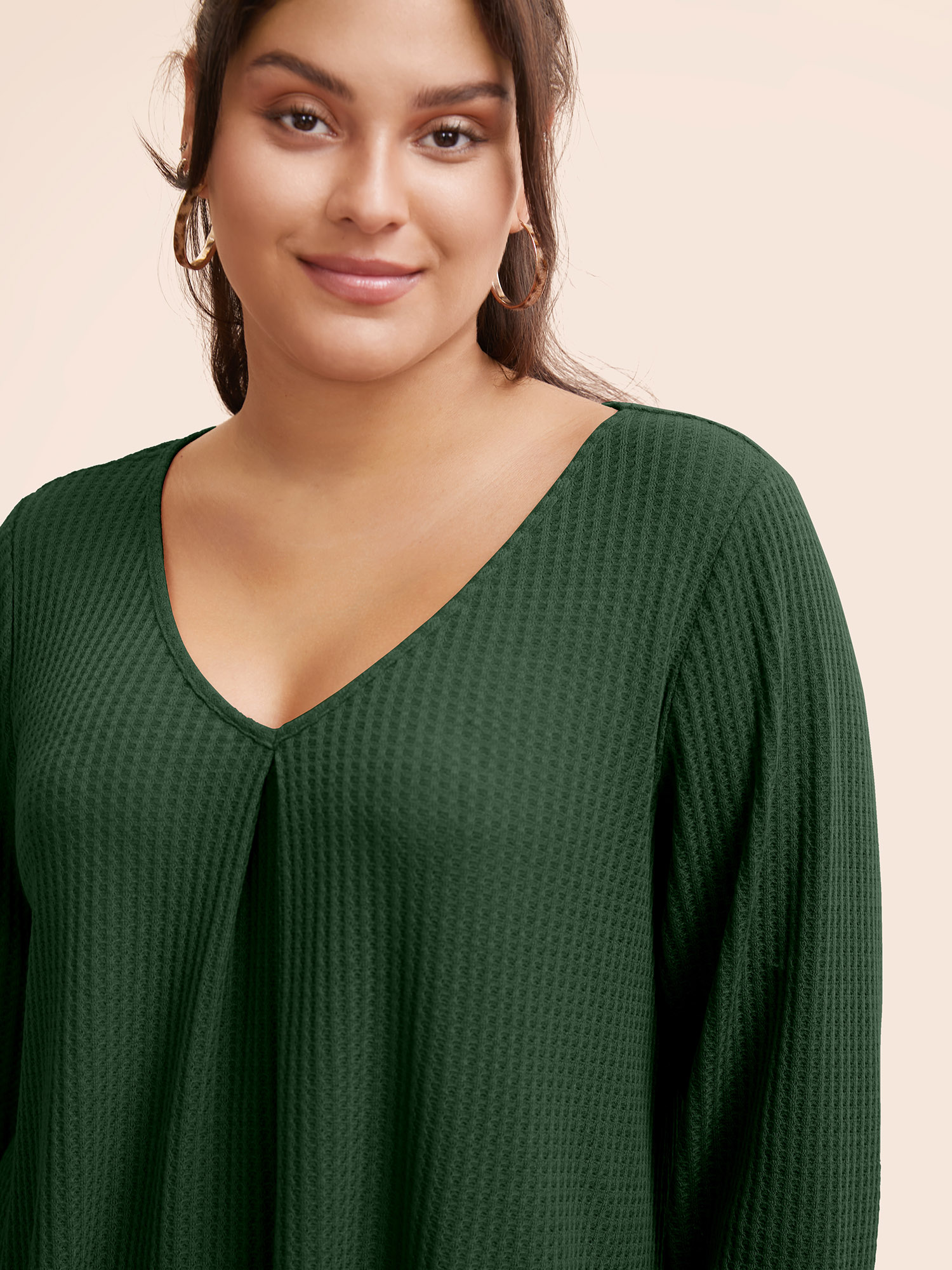 

Plus Size Plain Waffle Knit Scoop Neck Plicated Detail T-shirt DarkGreen Women Casual Non Plain V-neck Everyday T-shirts BloomChic