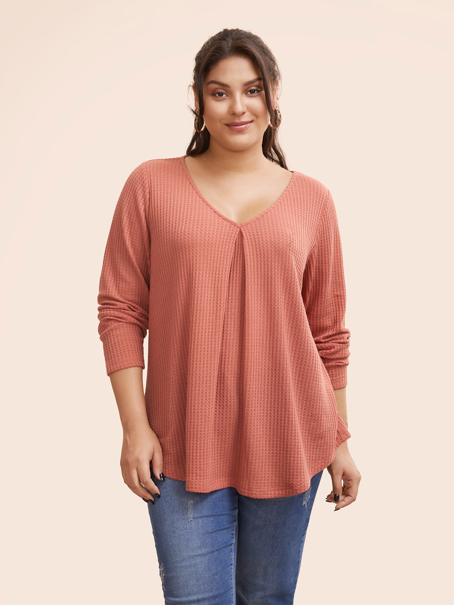 

Plus Size Plain Waffle Knit Scoop Neck Plicated Detail T-shirt Rouge Women Casual Non Plain Scoop Neck Everyday T-shirts BloomChic