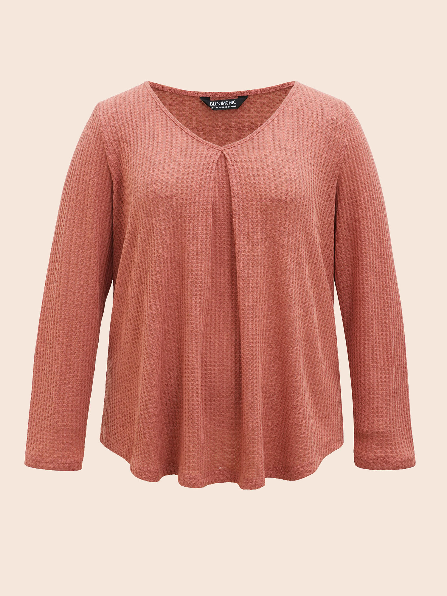 

Plus Size Plain Waffle Knit Scoop Neck Plicated Detail T-shirt Rouge Women Casual Non Plain V-neck Everyday T-shirts BloomChic