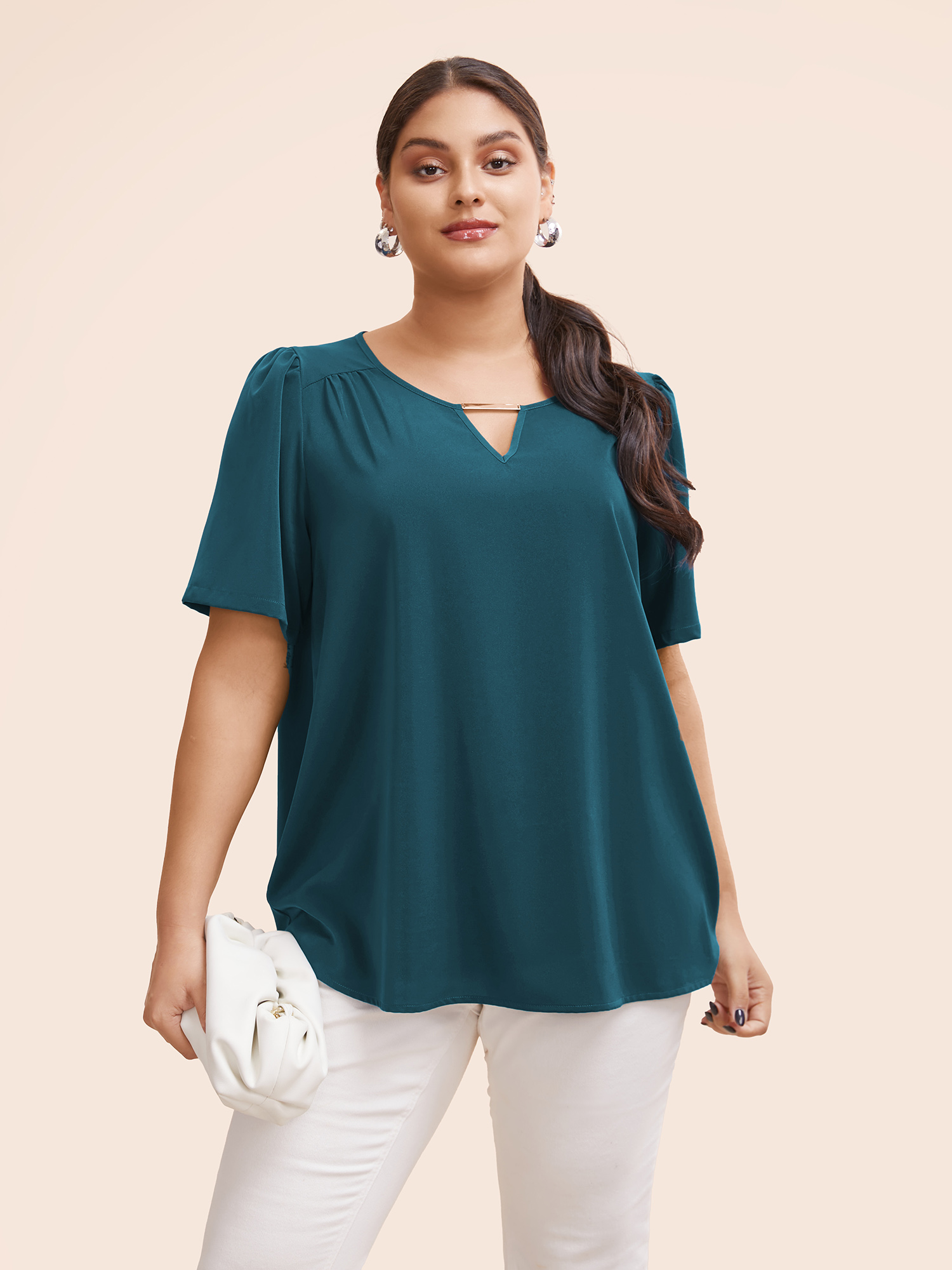 

Plus Size Cyan Anti-Wrinkle Plain Metal Detail Keyhole Neck Blouse Women Office Short sleeve V-neck Work Blouses BloomChic