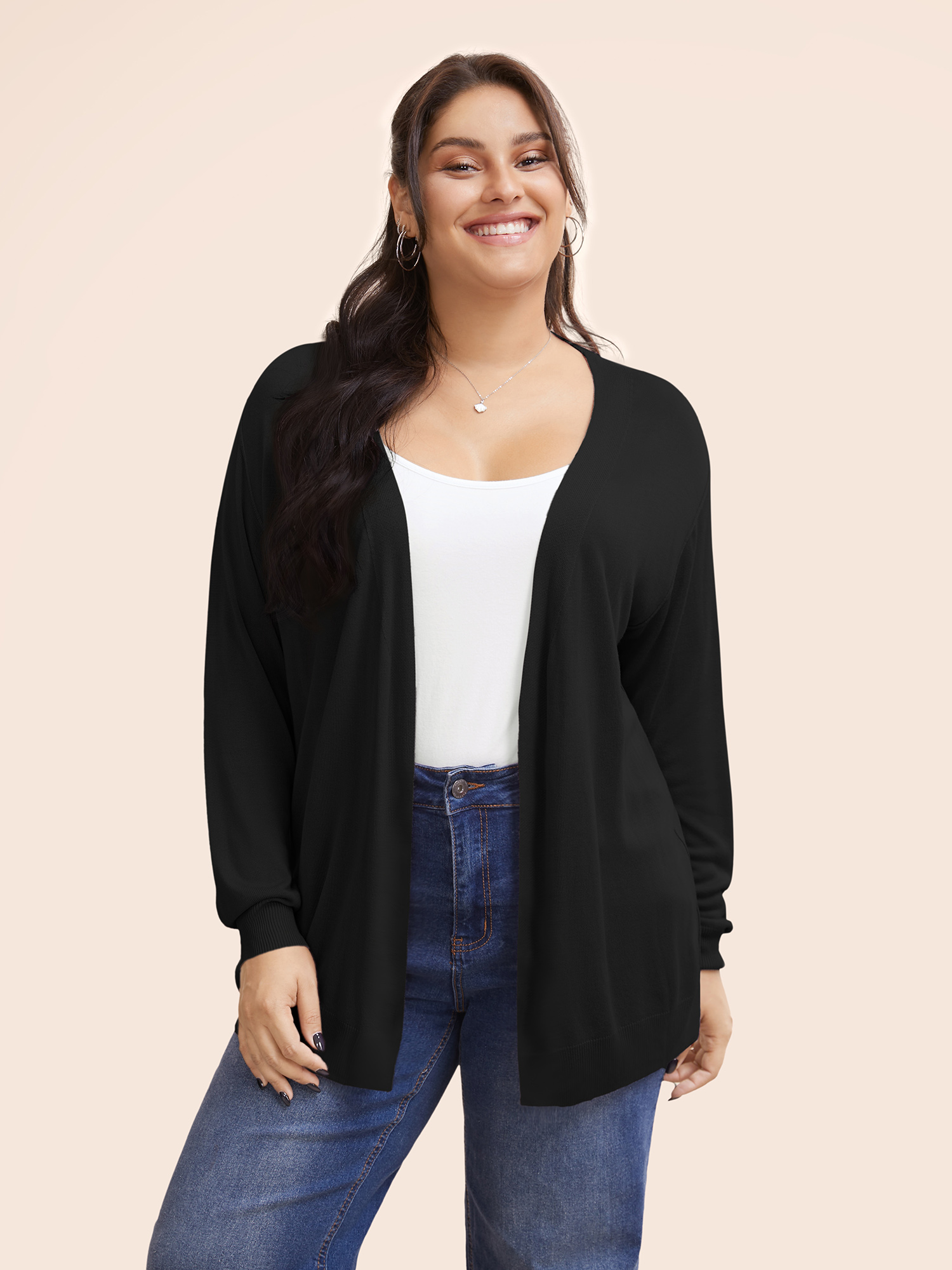 

Plus Size Supersoft Essentials Solid Open Front Loose Cardigan Black Women Casual Loose Long Sleeve Everyday Cardigans BloomChic