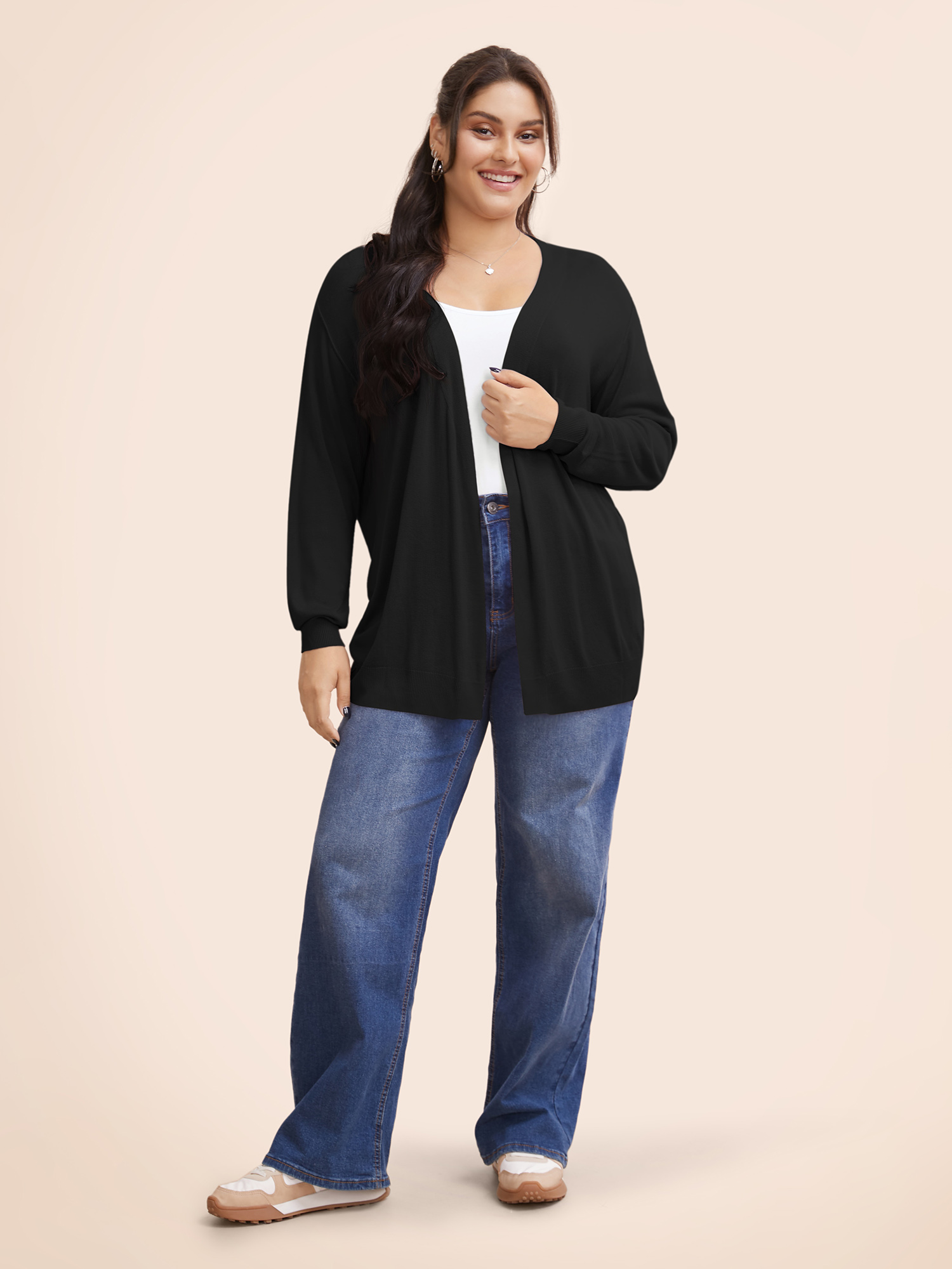 Plus Size Supersoft Essentials Solid Open Front Loose Cardigan Black Women Casual Loose Long Sleeve Everyday Cardigans BloomChic 12/L 