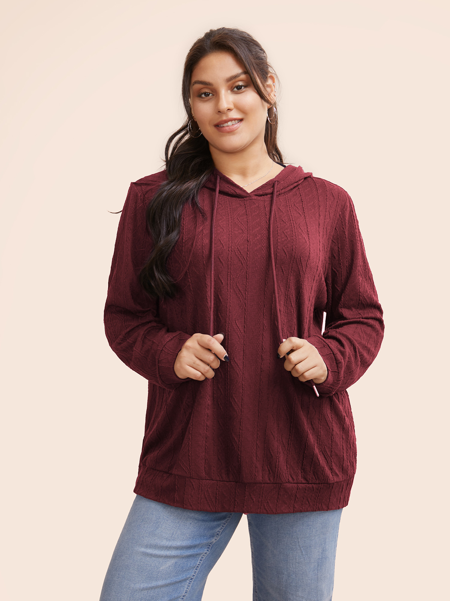 

Plus Size Plain Textured Hooded Drawstring Sweatshirt Women Burgundy Casual Elastic cuffs Hooded Everyday Sweatshirts BloomChic