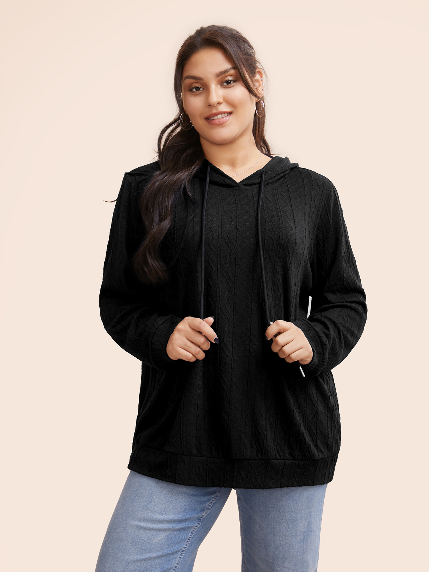 

Plus Size Plain Textured Hooded Drawstring Sweatshirt Women Black Casual Elastic cuffs Hooded Everyday Sweatshirts BloomChic