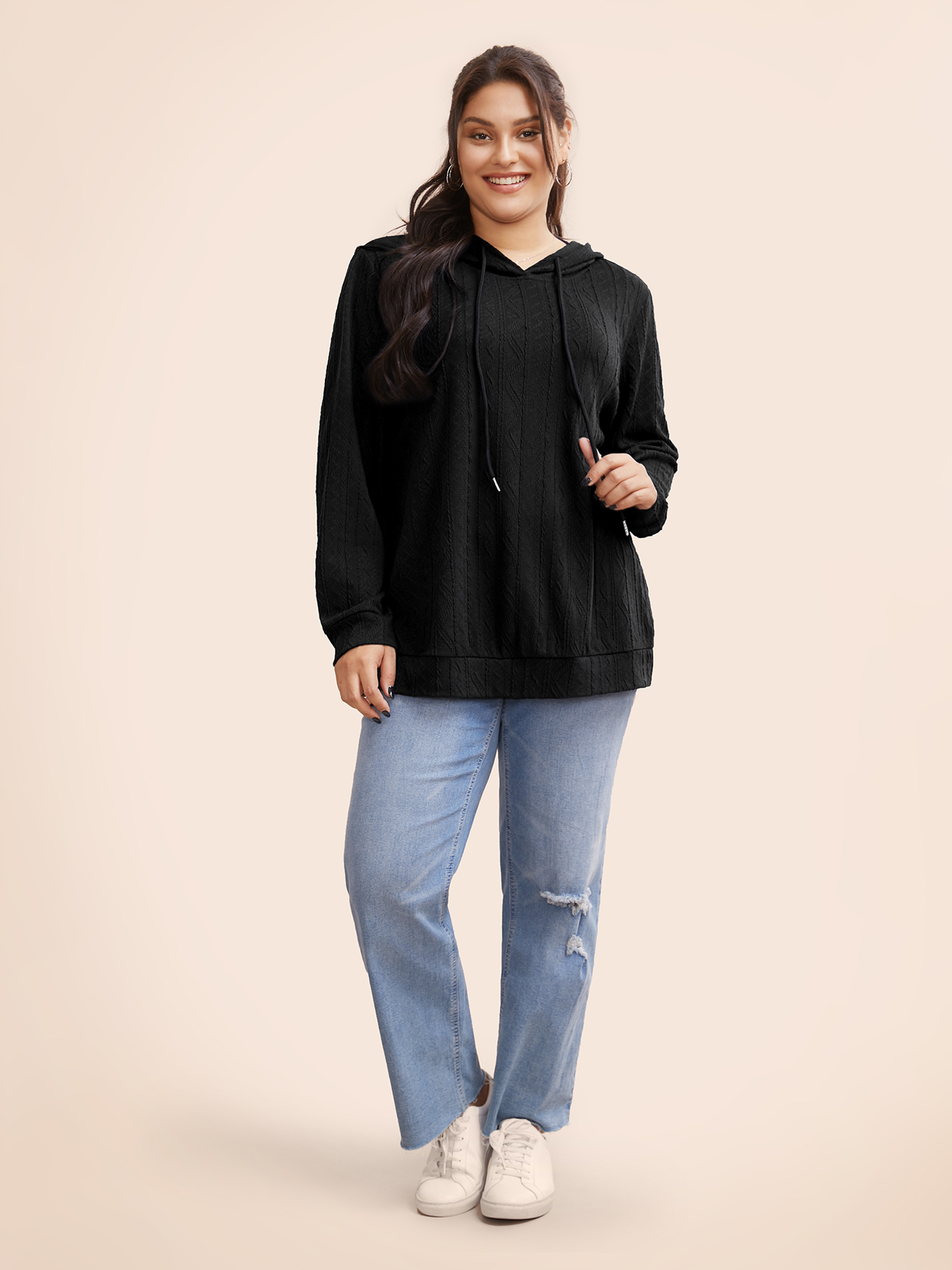 Plus Size Plain Textured Hooded Drawstring Sweatshirt Women Black Casual Elastic cuffs Hooded Everyday Sweatshirts BloomChic 22-24/3X 