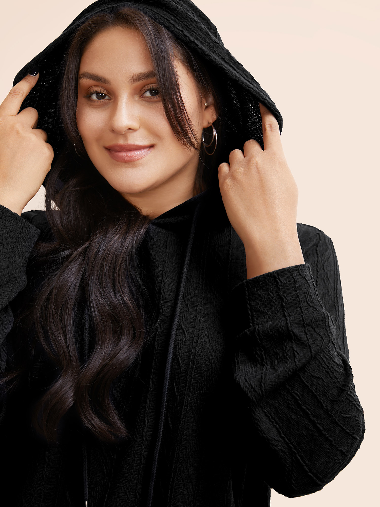 Plus Size Plain Textured Hooded Drawstring Sweatshirt Women Black Casual Elastic cuffs Hooded Everyday Sweatshirts BloomChic 22-24/3X 