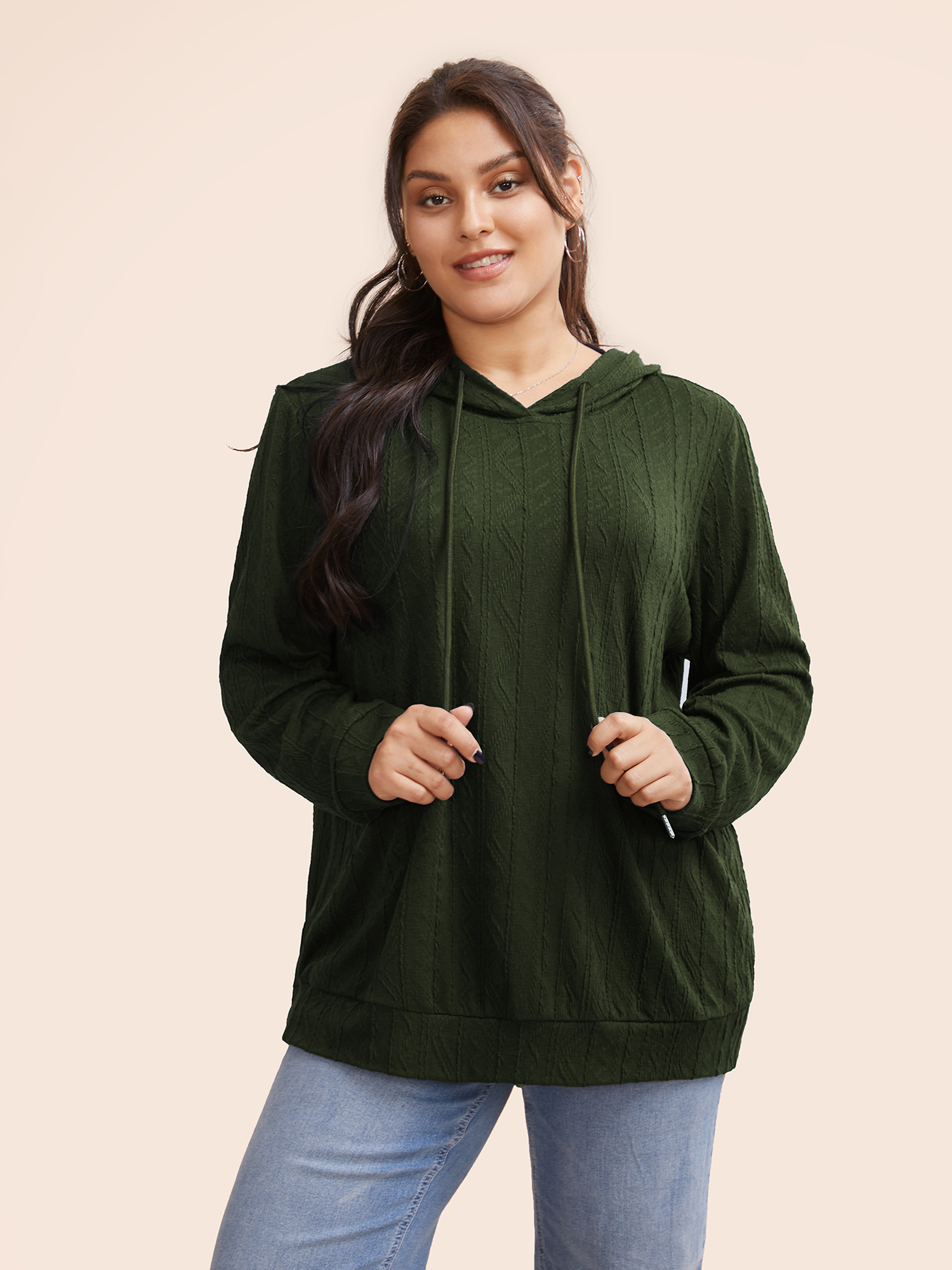 

Plus Size Plain Textured Hooded Drawstring Sweatshirt Women Green Casual Elastic cuffs Hooded Everyday Sweatshirts BloomChic