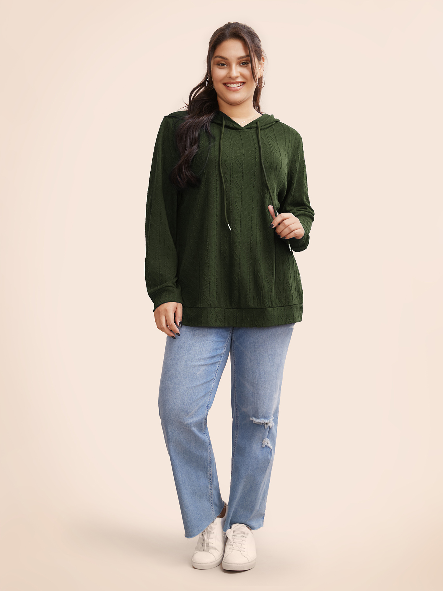 Plus Size Plain Textured Hooded Drawstring Sweatshirt Women Green Casual Elastic cuffs Hooded Everyday Sweatshirts BloomChic 12/L 