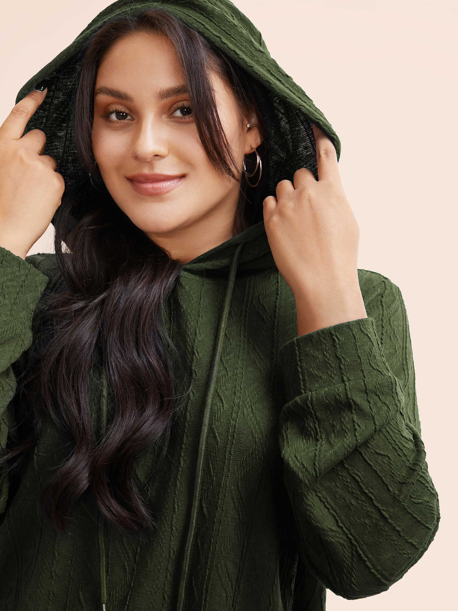 Plus Size Plain Textured Hooded Drawstring Sweatshirt Women Green Casual Elastic cuffs Hooded Everyday Sweatshirts BloomChic 12/L 