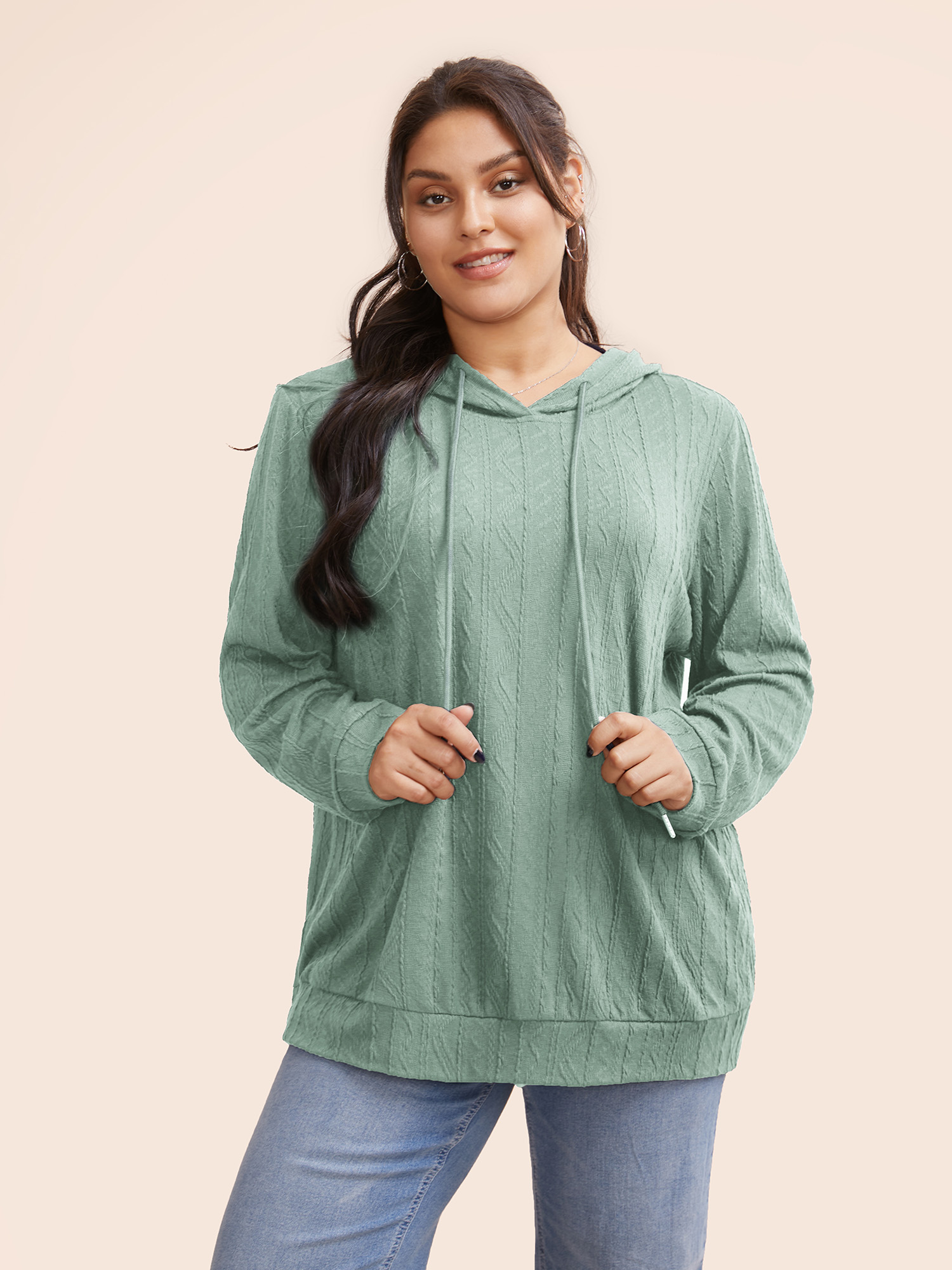 

Plus Size Plain Textured Hooded Drawstring Sweatshirt Women Turquoise Casual Elastic cuffs Hooded Everyday Sweatshirts BloomChic