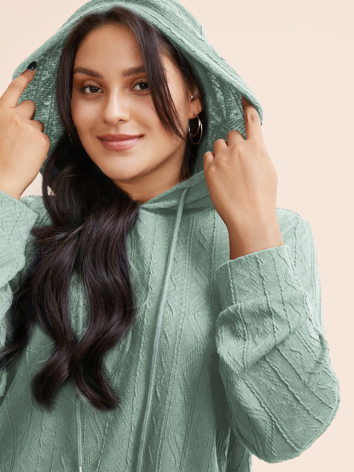 

Plus Size Plain Textured Hooded Drawstring Sweatshirt Women Turquoise Casual Elastic cuffs Hooded Everyday Sweatshirts BloomChic