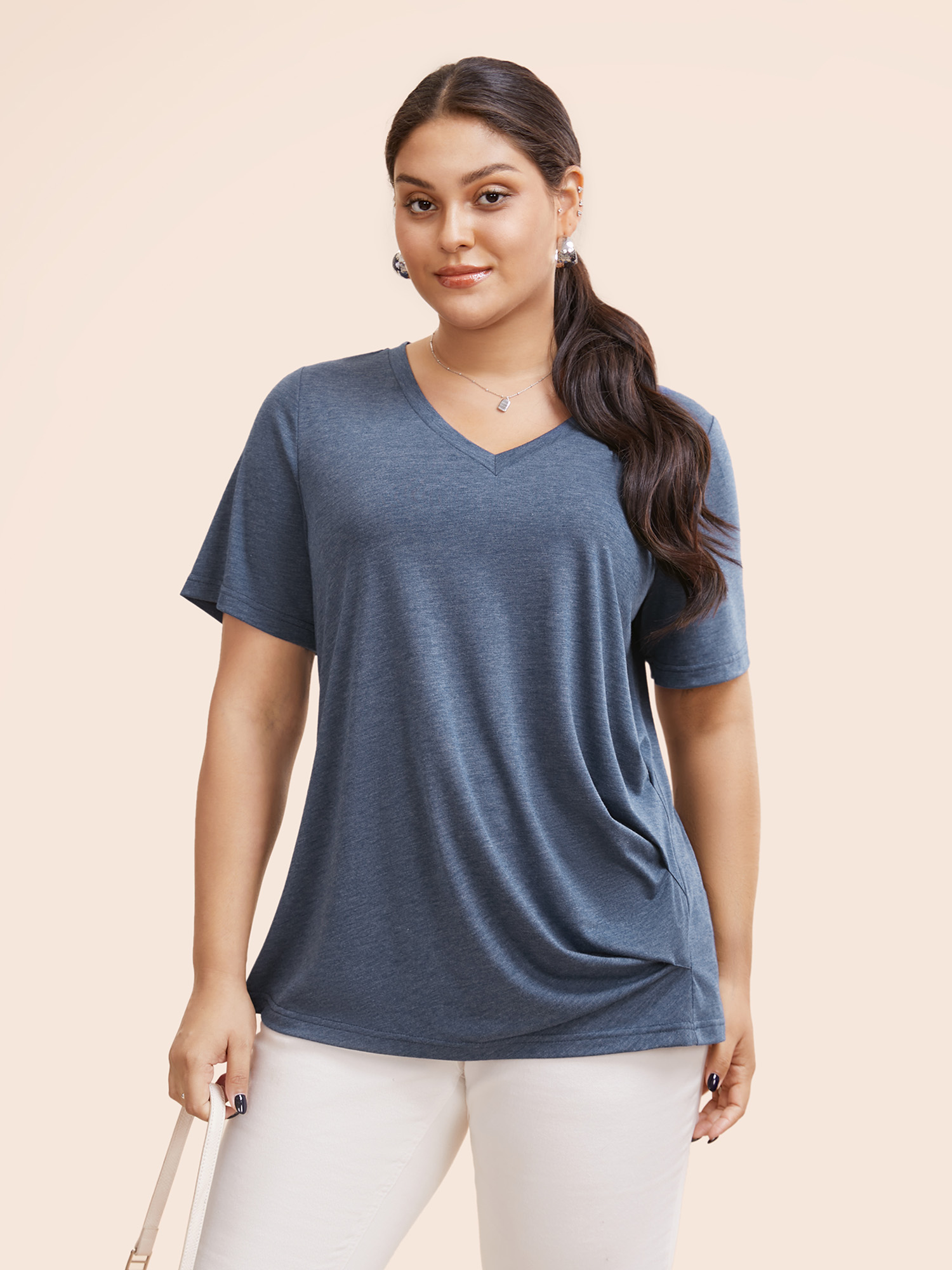 

Plus Size Heather Plicated Detail V Neck Button Detail T-shirt Blue Women Casual Plain Plain V-neck Dailywear T-shirts BloomChic