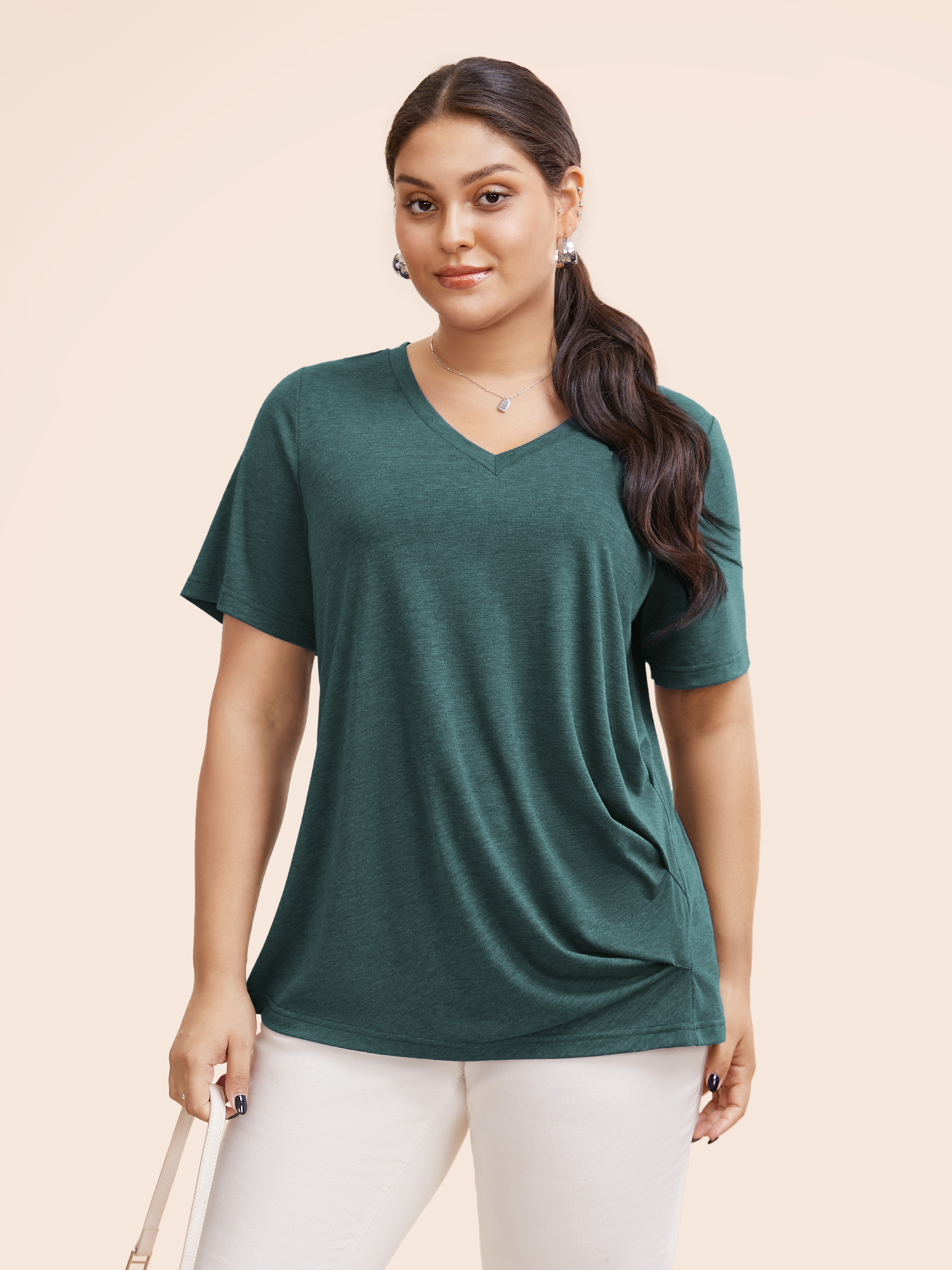 

Plus Size Heather Plicated Detail V Neck Button Detail T-shirt Green Women Casual Plain Plain V-neck Dailywear T-shirts BloomChic
