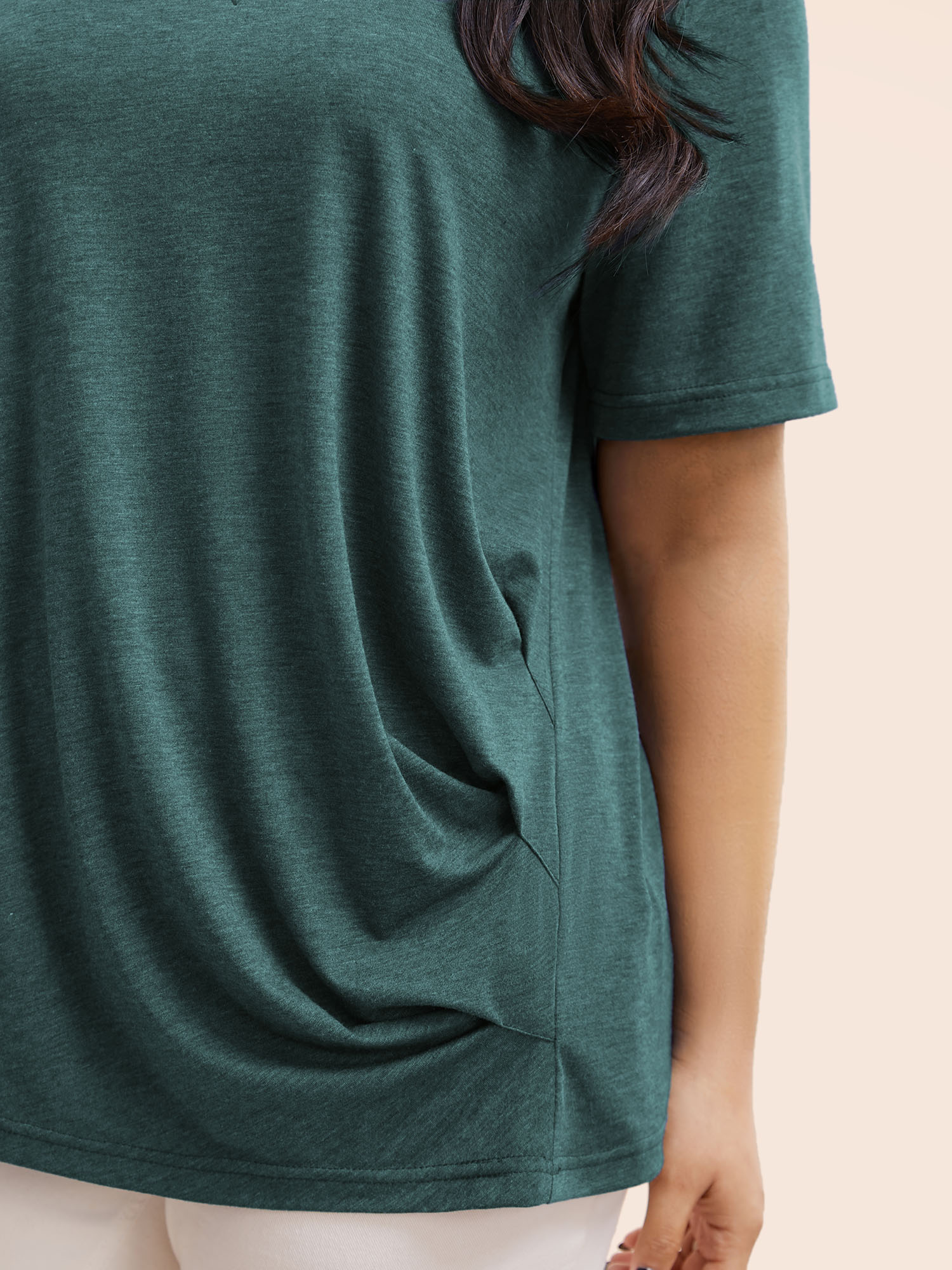 

Plus Size Heather Plicated Detail V Neck Button Detail T-shirt Green Women Casual Plain Plain V-neck Dailywear T-shirts BloomChic