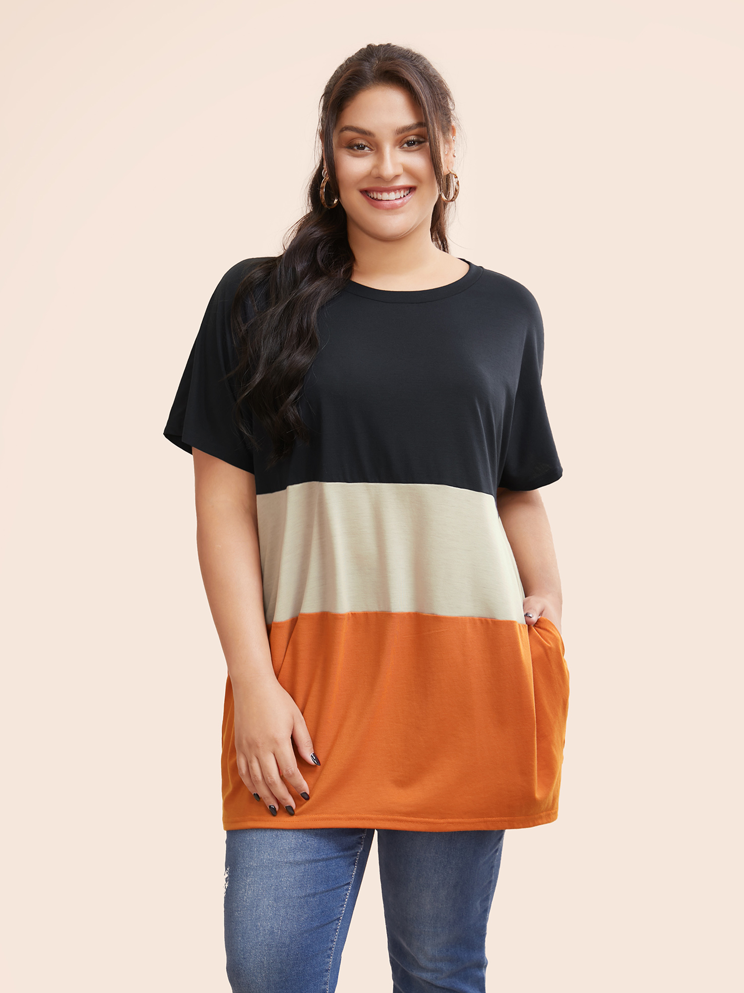 

Plus Size Halloween Colorblock Contrast Pocket Crew Neck T-shirt Multicolor Women Casual Contrast Plain Round Neck Festival-Halloween T-shirts BloomChic