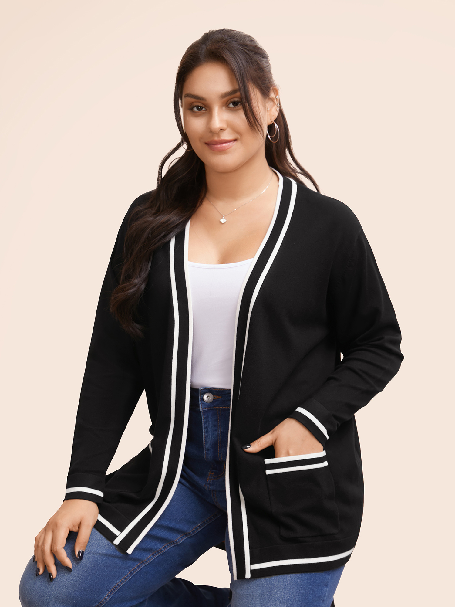 

Plus Size Supersoft Essentials Striped Patchwork Pocket Open Front Cardigan Black Women Casual Loose Long Sleeve Everyday Cardigans BloomChic