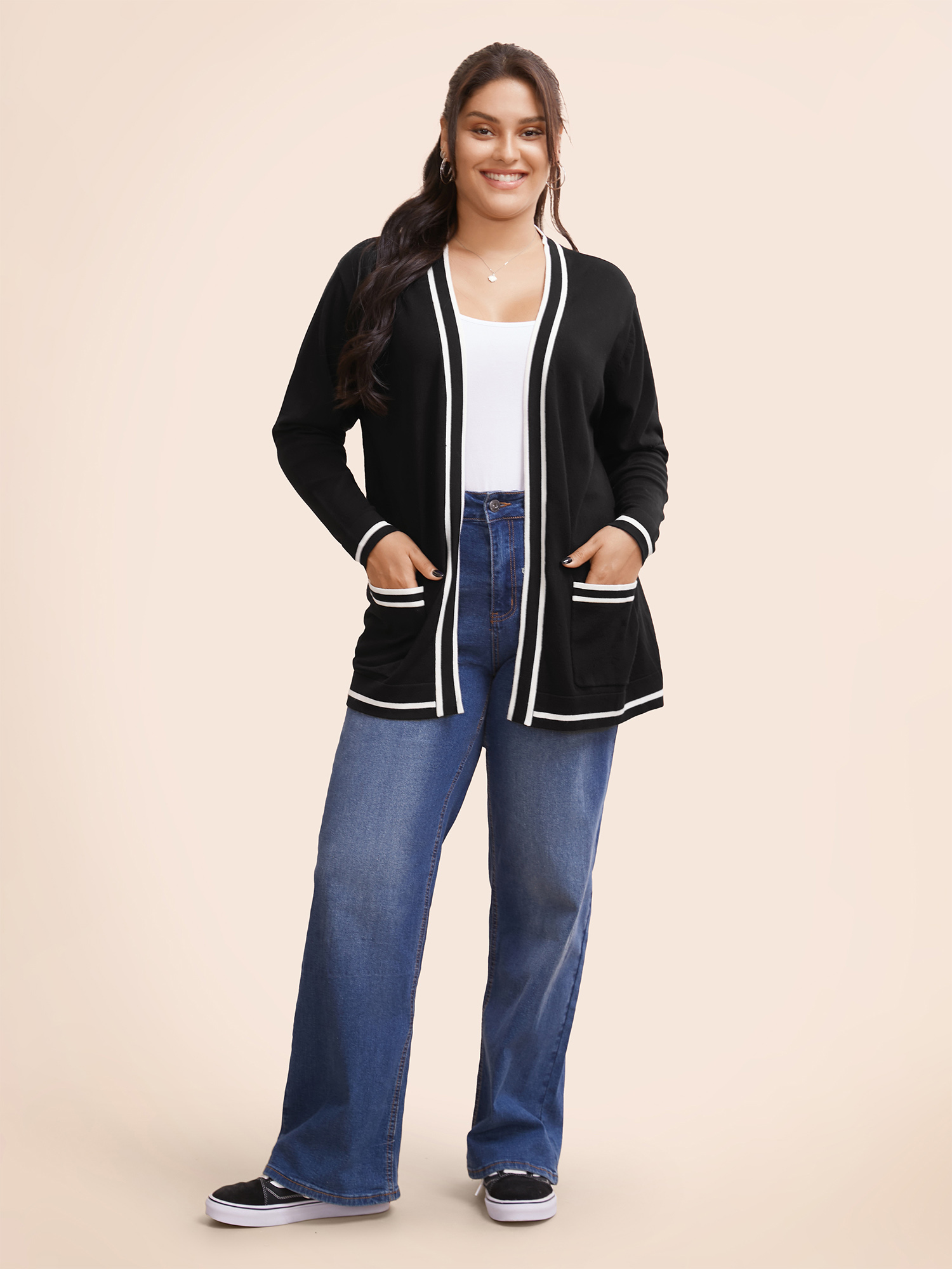 Plus Size Supersoft Essentials Striped Patchwork Pocket Open Front Cardigan Black Women Casual Loose Long Sleeve Everyday Cardigans BloomChic 22-24/3X 