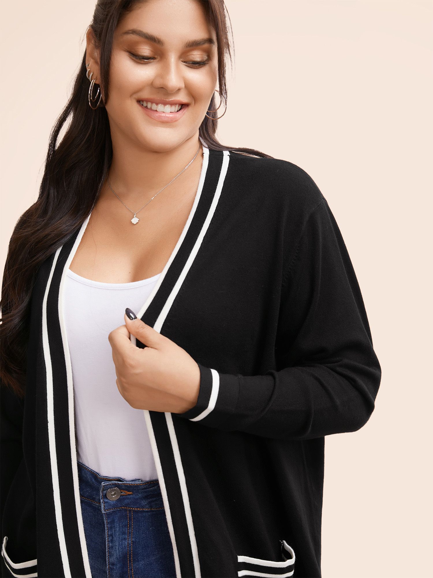 Plus Size Supersoft Essentials Striped Patchwork Pocket Open Front Cardigan Black Women Casual Loose Long Sleeve Everyday Cardigans BloomChic 22-24/3X 