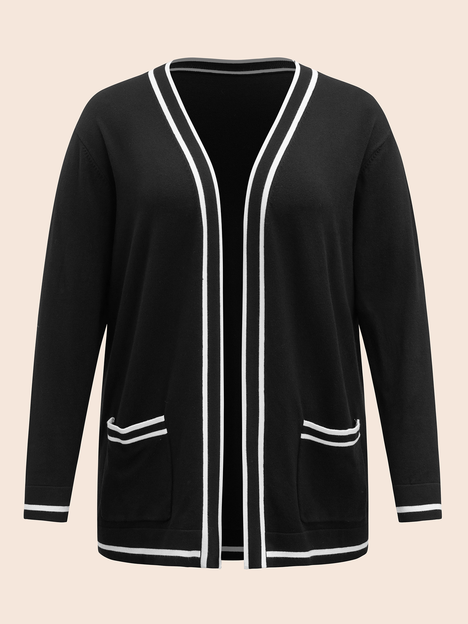 Plus Size Supersoft Essentials Striped Patchwork Pocket Open Front Cardigan Black Women Casual Loose Long Sleeve Everyday Cardigans BloomChic 22-24/3X 