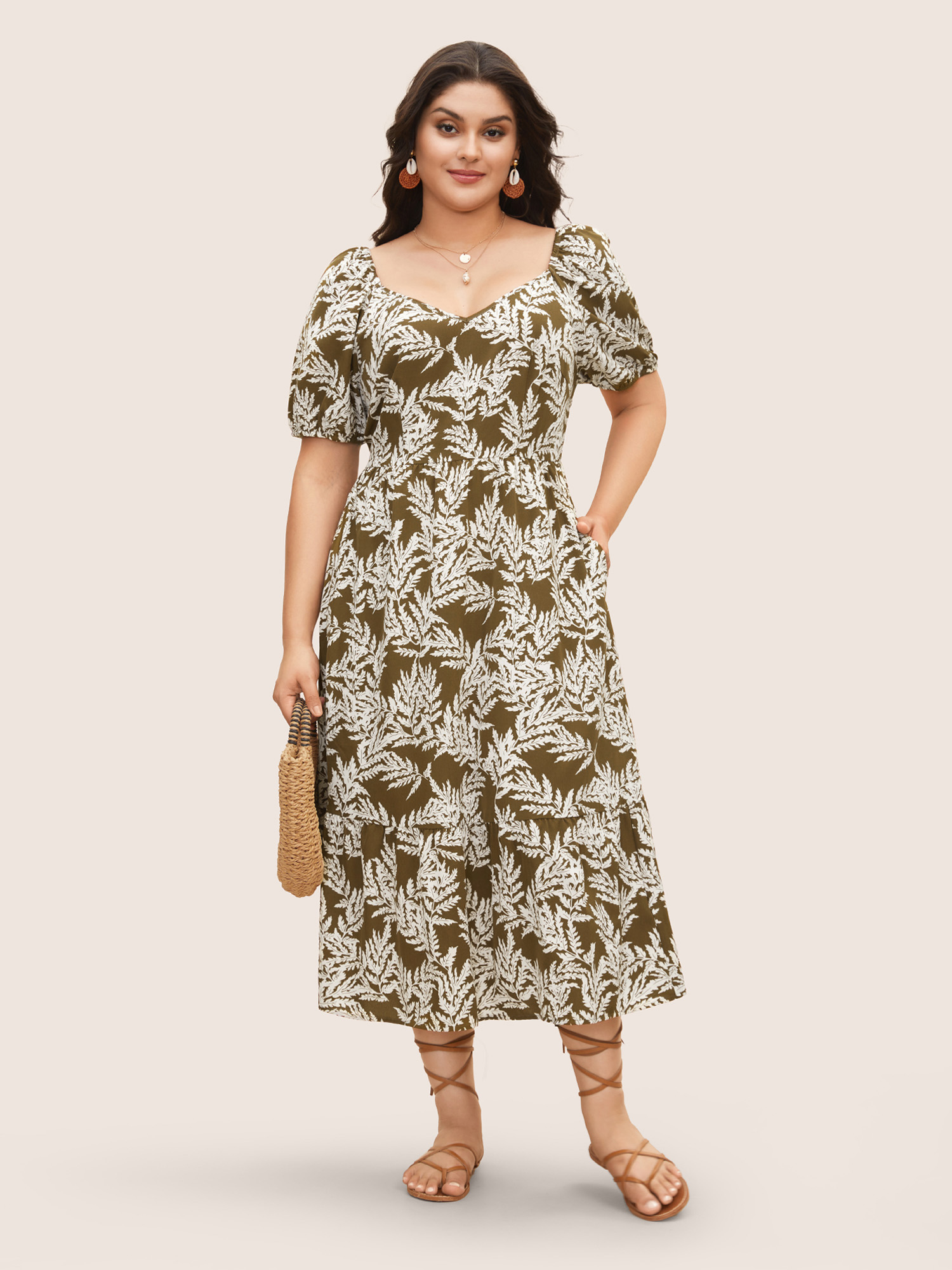 

Plus Size Tropical Print Lantern Sleeve Midi Dress LightBrown Women Resort Gathered Heart neckline Short sleeve Curvy BloomChic