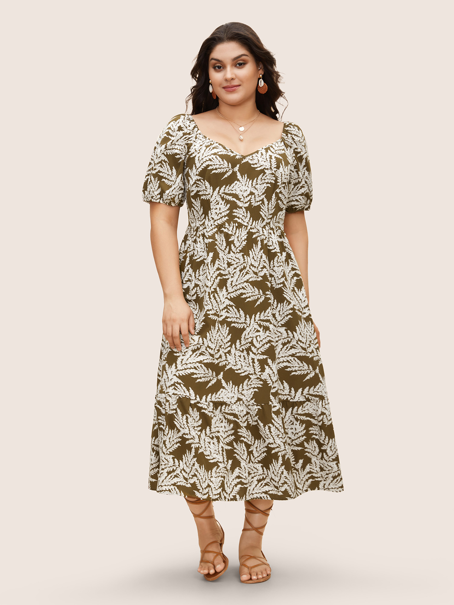 

Plus Size Tropical Print Lantern Sleeve Midi Dress LightBrown Women Resort Gathered Heart neckline Short sleeve Curvy BloomChic