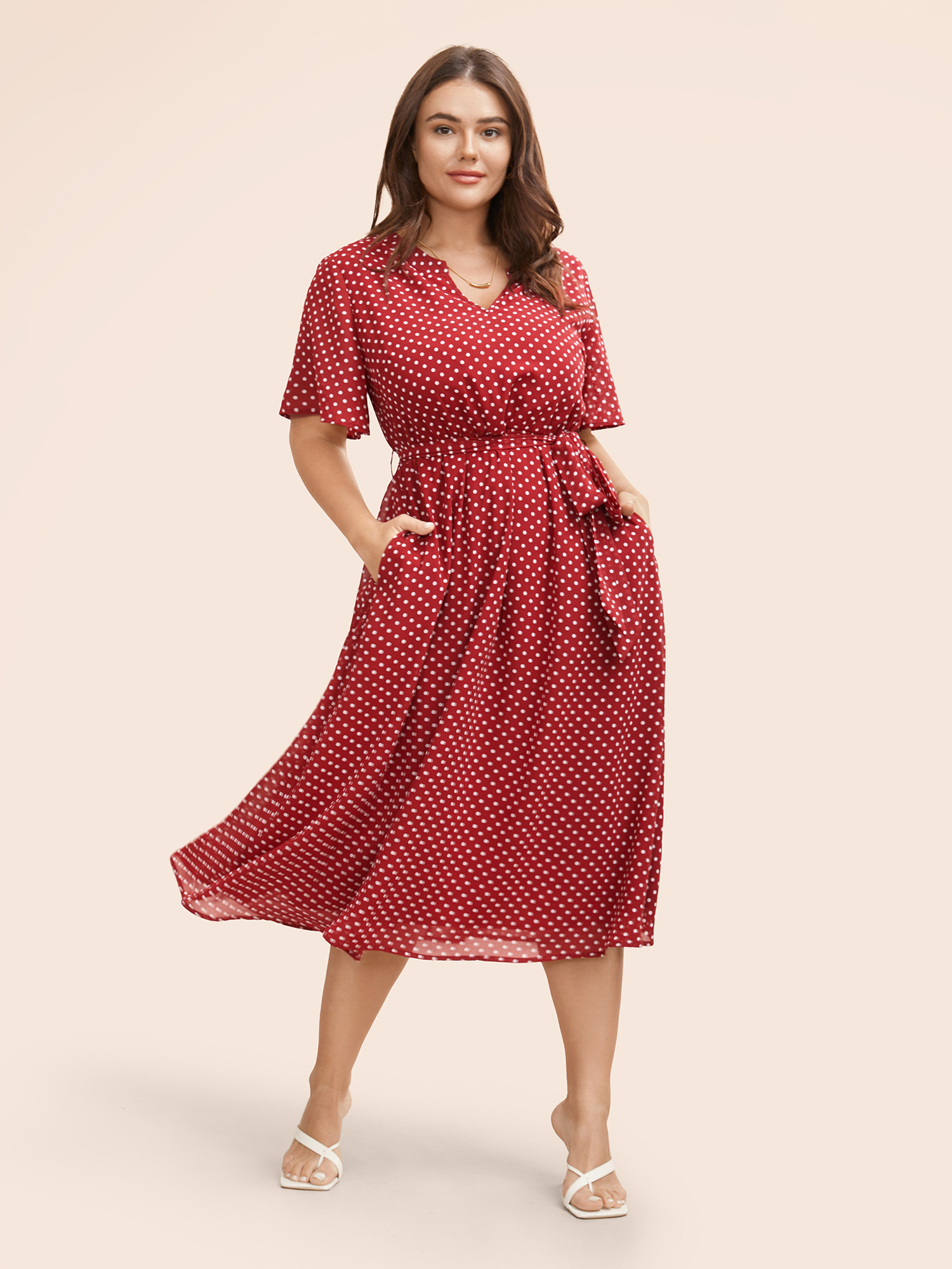 

Plus Size Chiffon Polka Dot Ruffle Sleeve Dress Burgundy Women Elegant See through Flat collar Short sleeve Curvy BloomChic