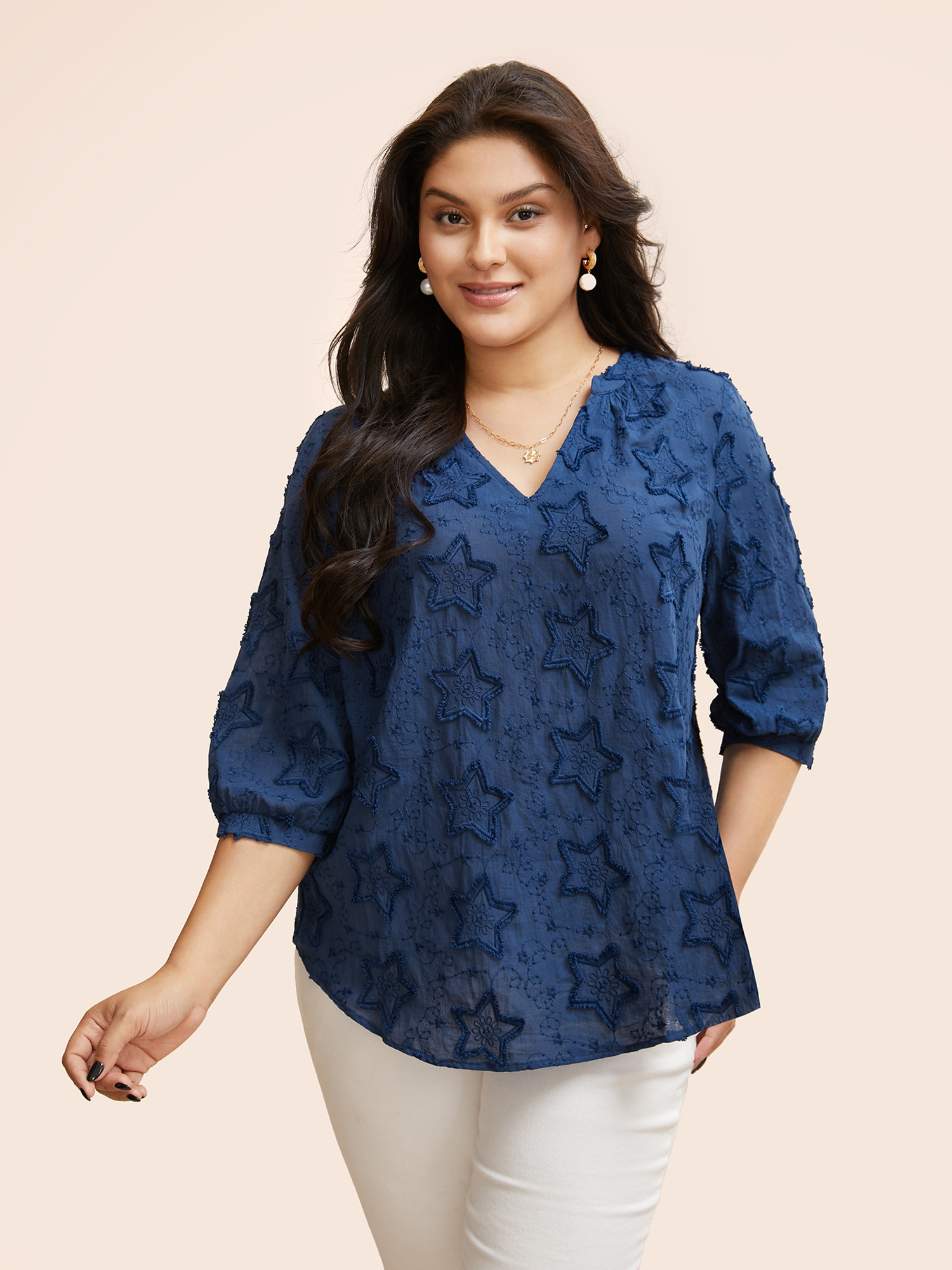 

Plus Size Indigo Cotton Star Jacquard Lantern Sleeve Blouse Women Elegant Elbow-length sleeve Flat collar with V-notch Everyday Blouses BloomChic